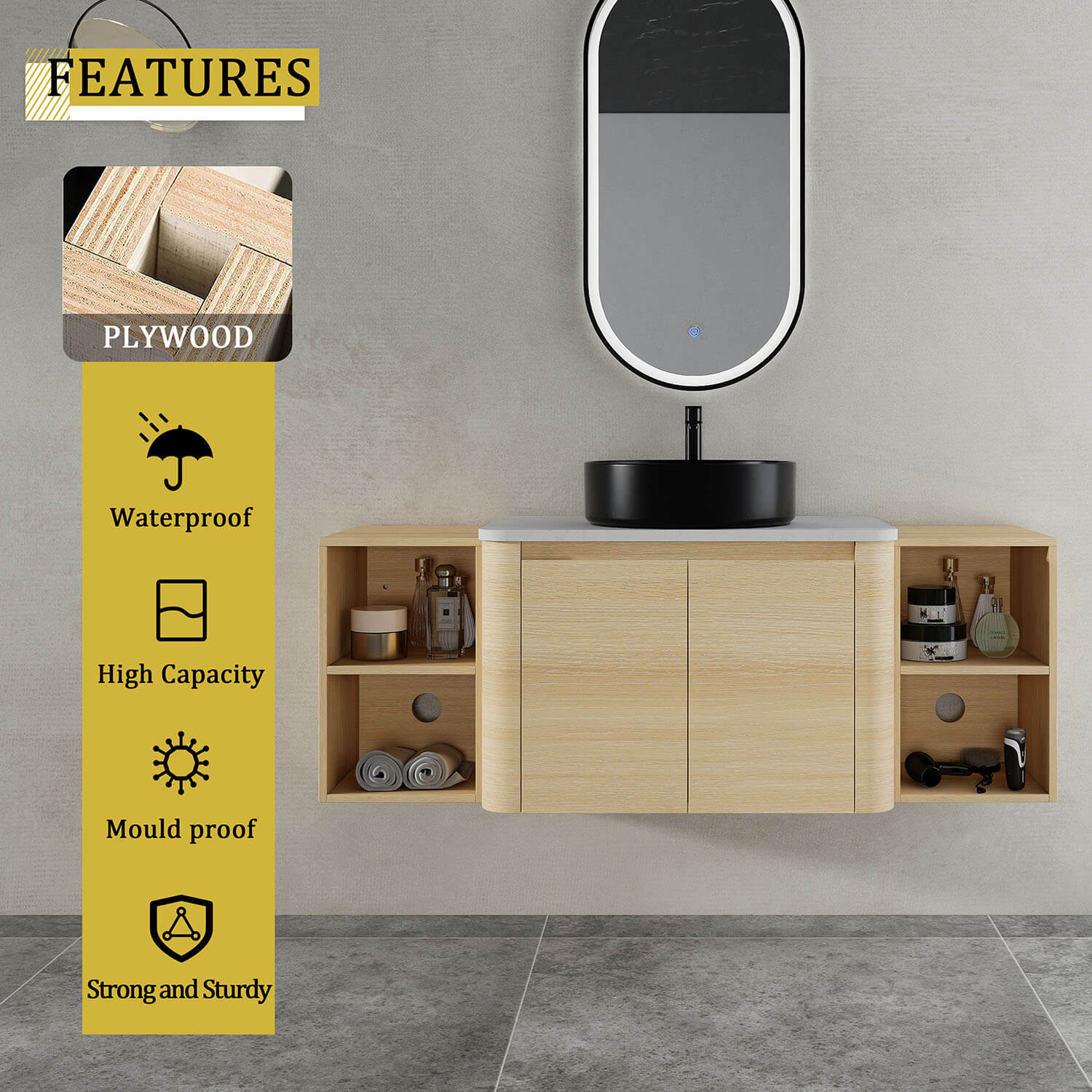 54" White Oak Bathroom Vanity with Black Ceramic Vessel Sink and Two Open Shelves - Image 8