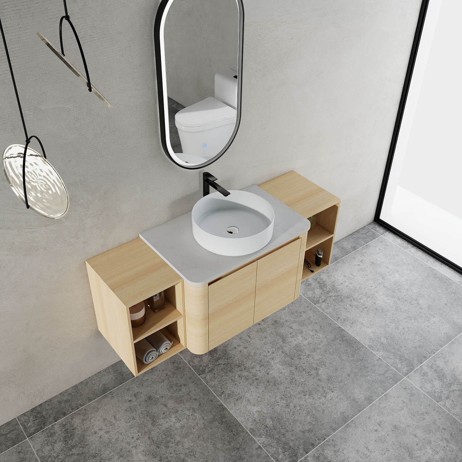 54" White Oak Bathroom Vanity with White Ceramic Vessel Sink and Two Open Shelves - Image 3