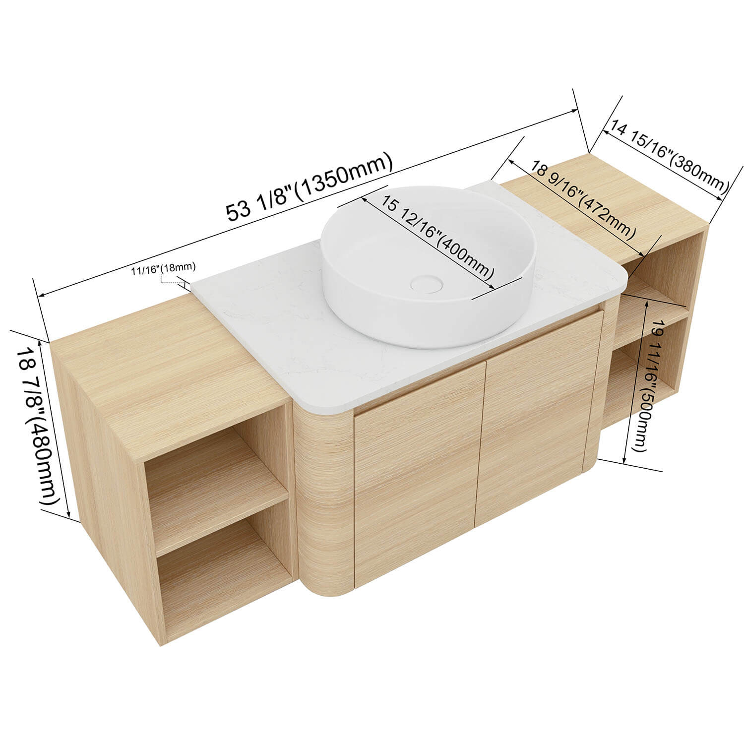 54" White Oak Bathroom Vanity with White Ceramic Vessel Sink and Two Open Shelves - Image 4