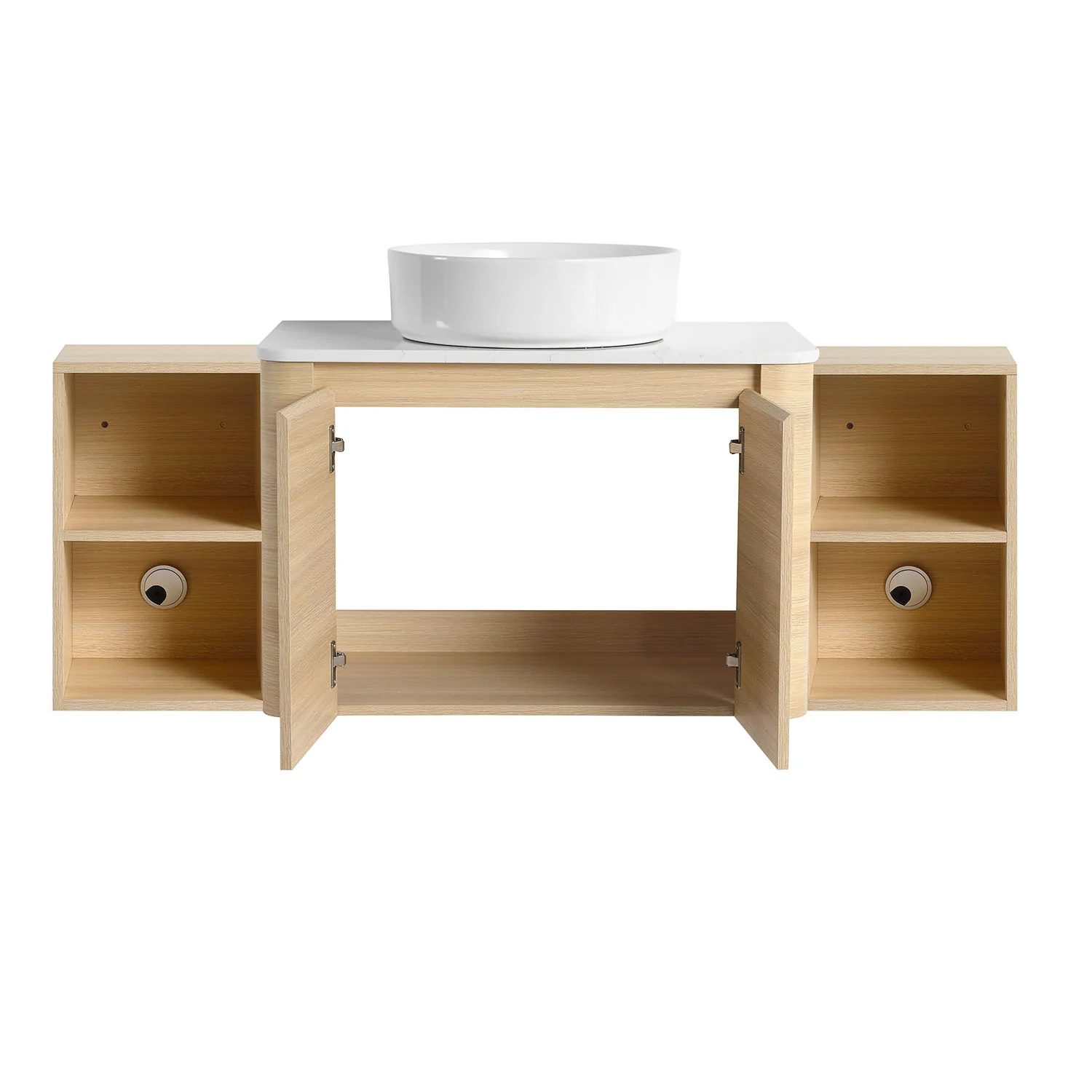 54" White Oak Bathroom Vanity with White Ceramic Vessel Sink and Two Open Shelves - Image 5