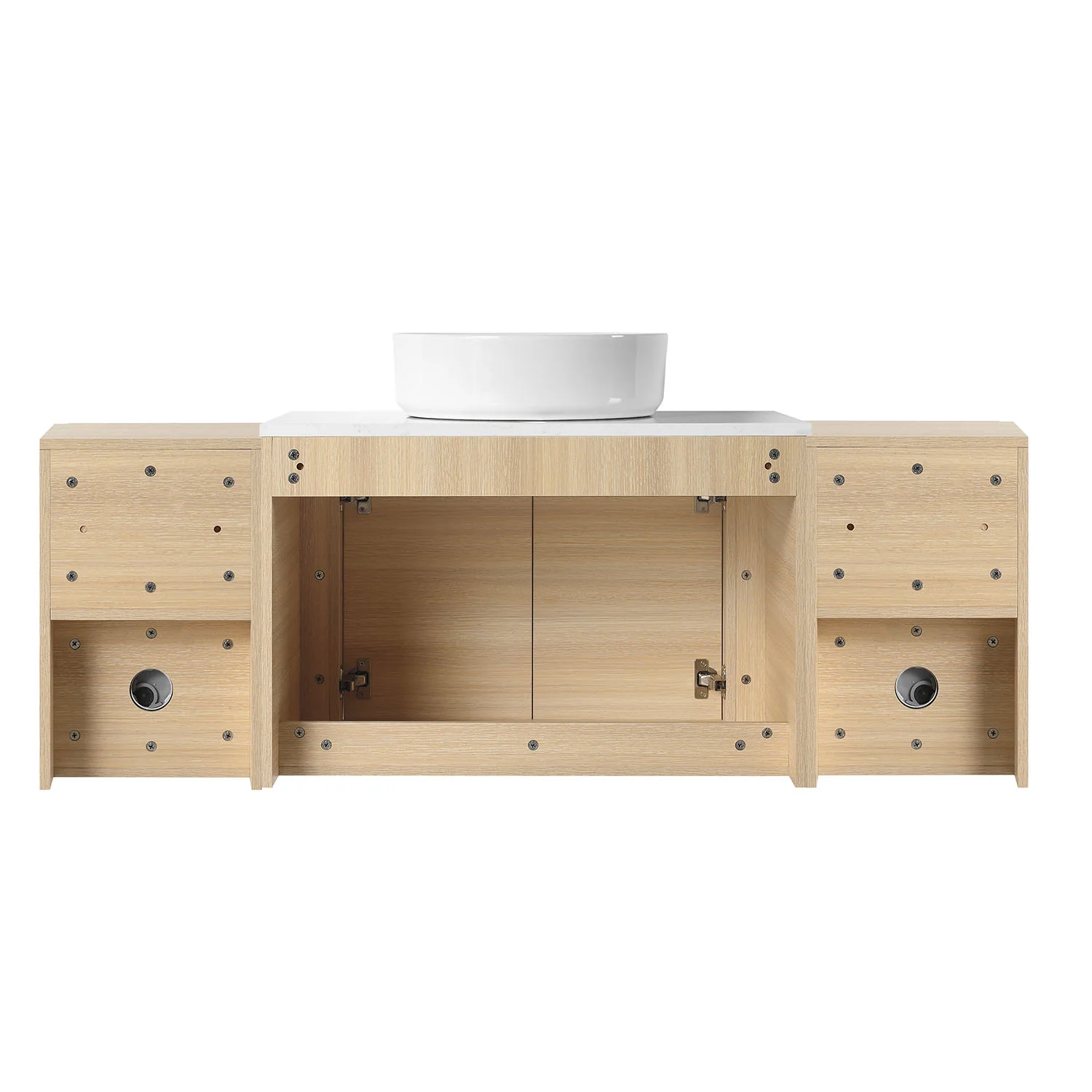 54" White Oak Bathroom Vanity with White Ceramic Vessel Sink and Two Open Shelves - Image 6