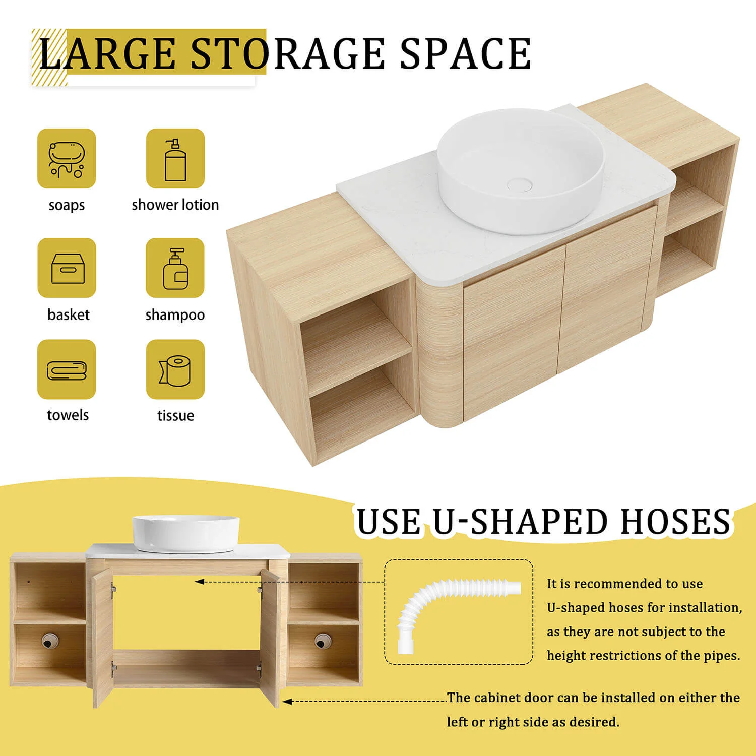 54" White Oak Bathroom Vanity with White Ceramic Vessel Sink and Two Open Shelves - Image 8