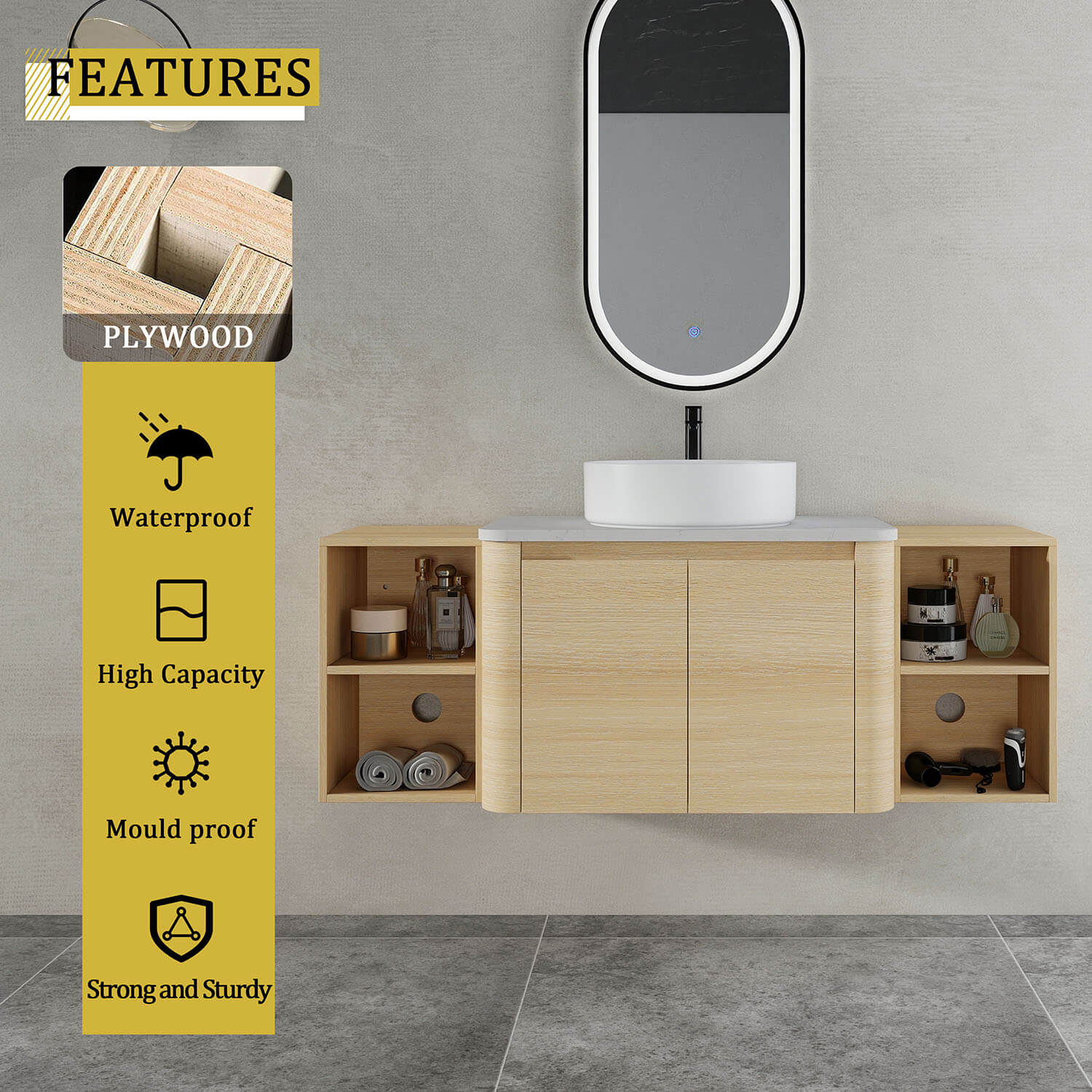 54" White Oak Bathroom Vanity with White Ceramic Vessel Sink and Two Open Shelves - Image 9