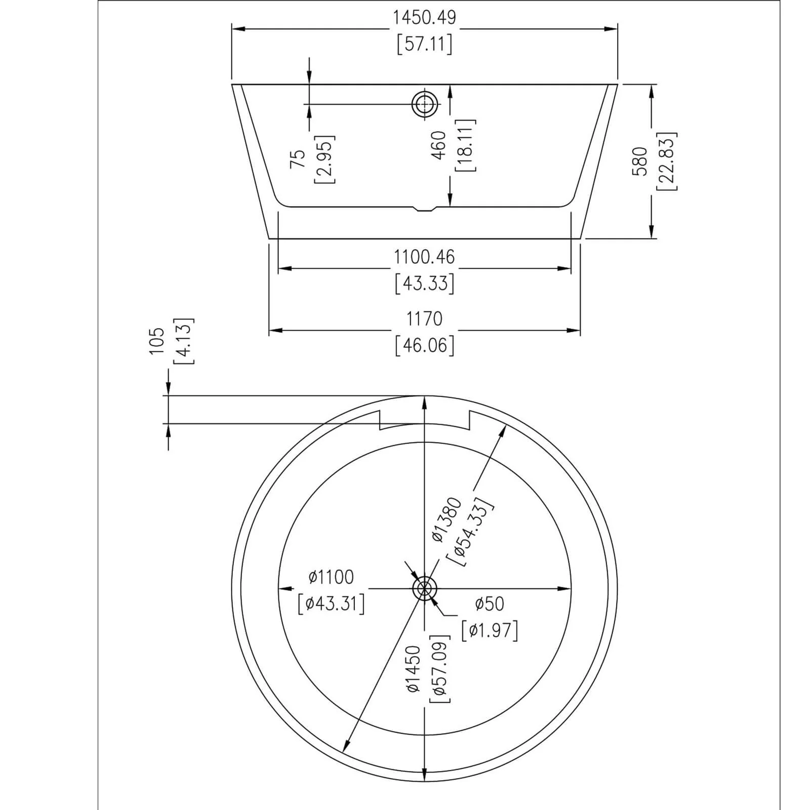57" Large Round Bathtub with Reclined Backrest Design - Image 7