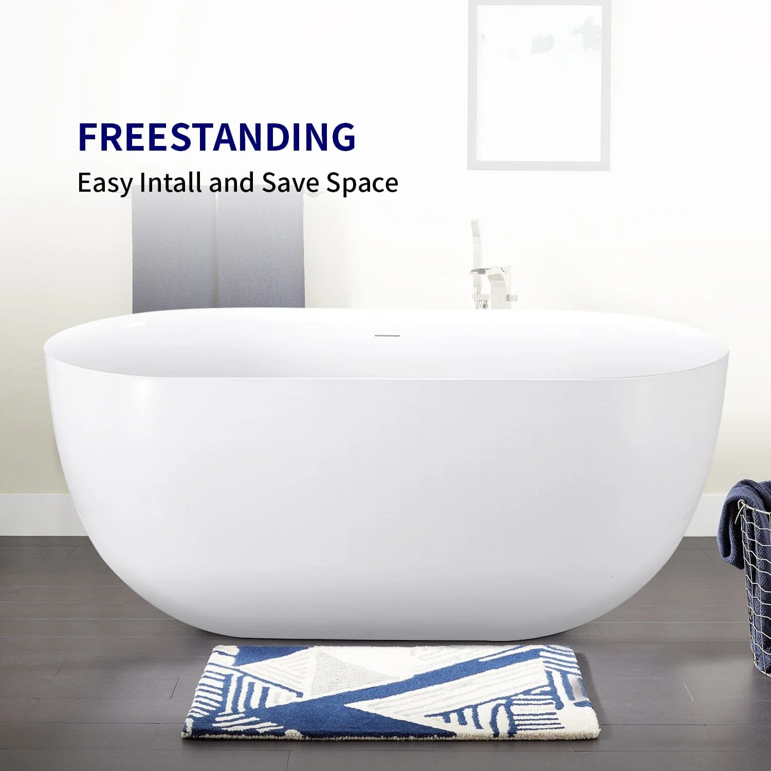 59'' Acrylic Flatbottom Double Ended Oval Freestanding Soaking Bathtub in White - Image 4