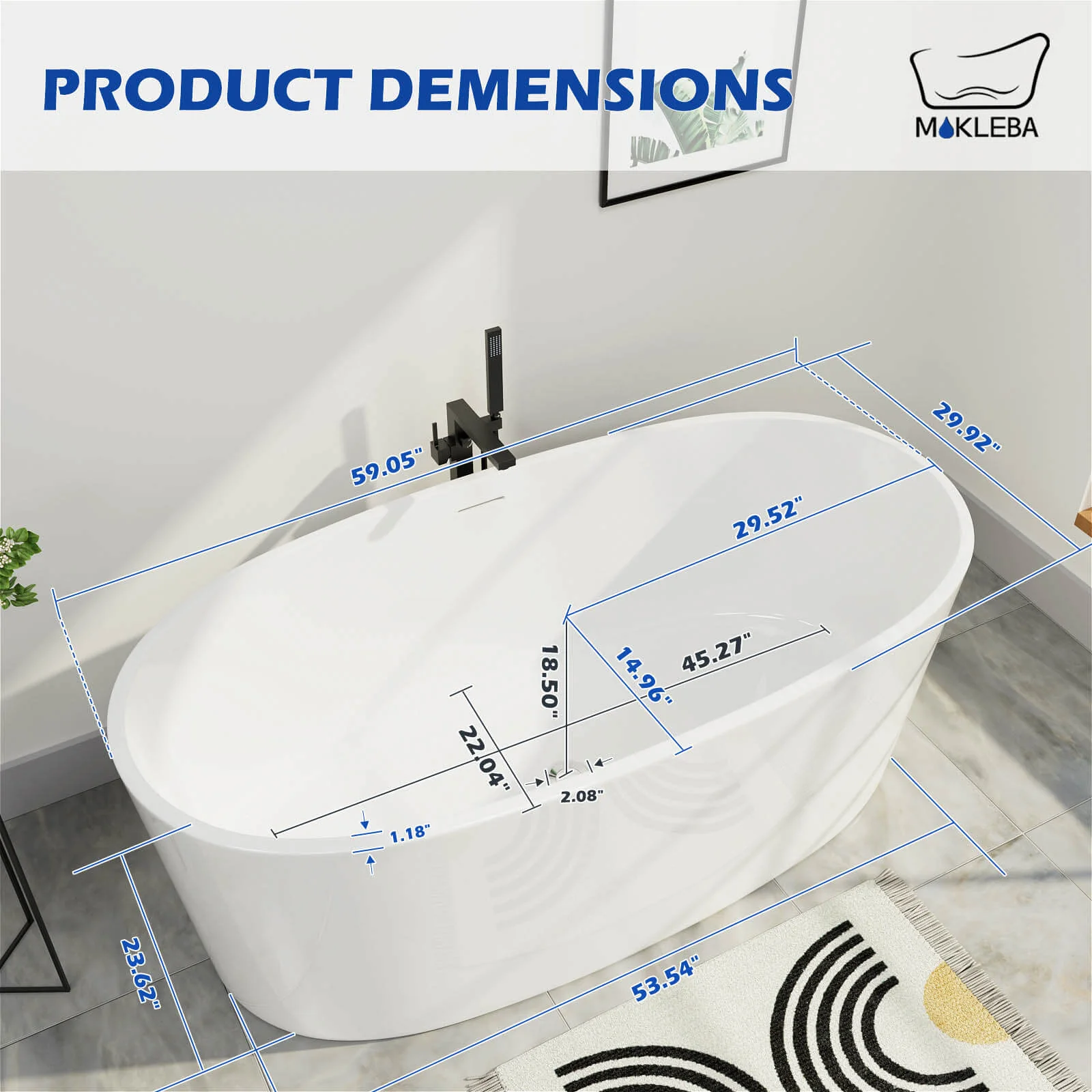 Mokleba 59" Acrylic Modern Bathtub Oval Shape Freestanding Soaking Tub - Image 10