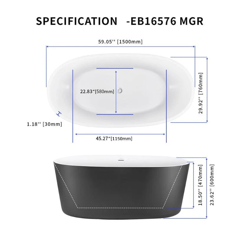 Mokleba 59" Acrylic Modern Bathtub Oval Shape Freestanding Soaking Tub - Image 38