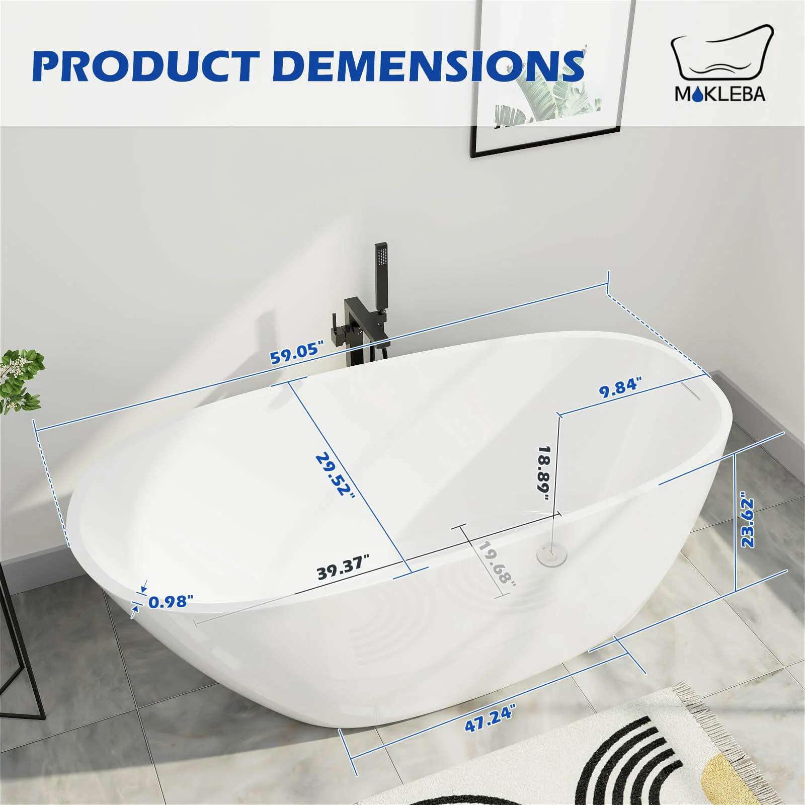 Mokleba 59" Acrylic Egg Shape Free Standing Tub for Bathroom - Image 10