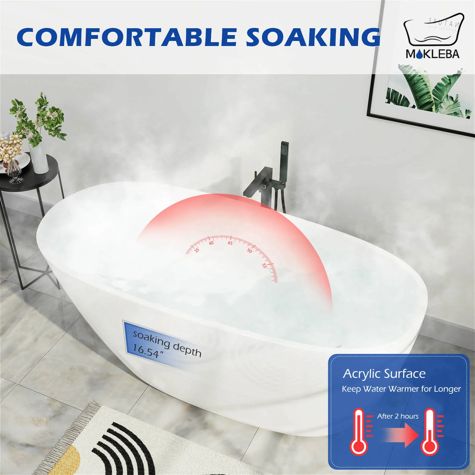 Mokleba 59" Acrylic Egg Shape Free Standing Tub for Bathroom - Image 8