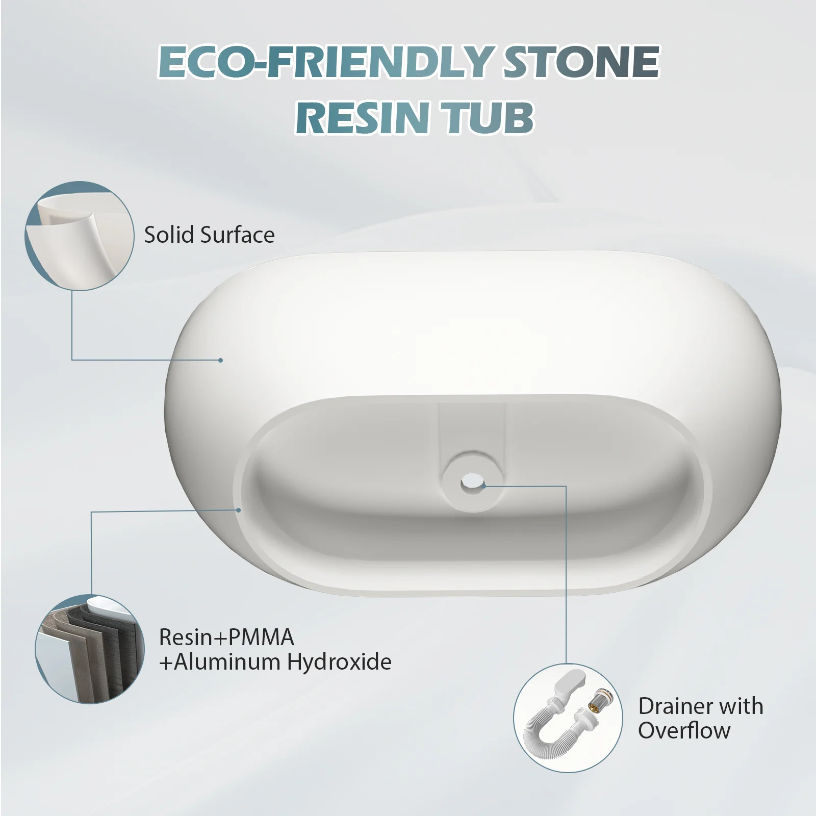 59'' Modern Bathtub Solid Surface Stone Resin Oval-shaped Freestanding Soaking Tub - Image 12