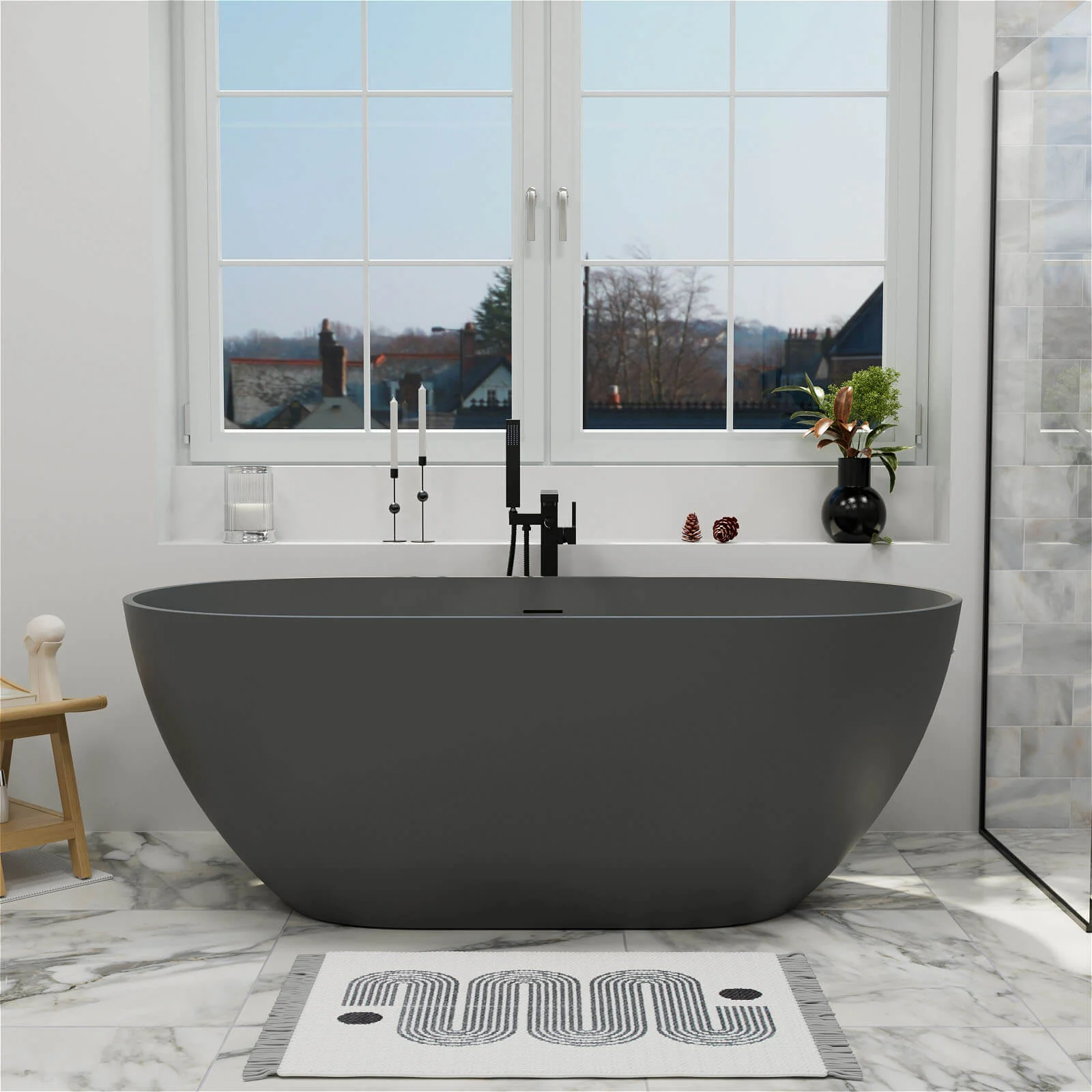 59'' Modern Bathtub Solid Surface Stone Resin Oval-shaped Freestanding Soaking Tub - Image 16