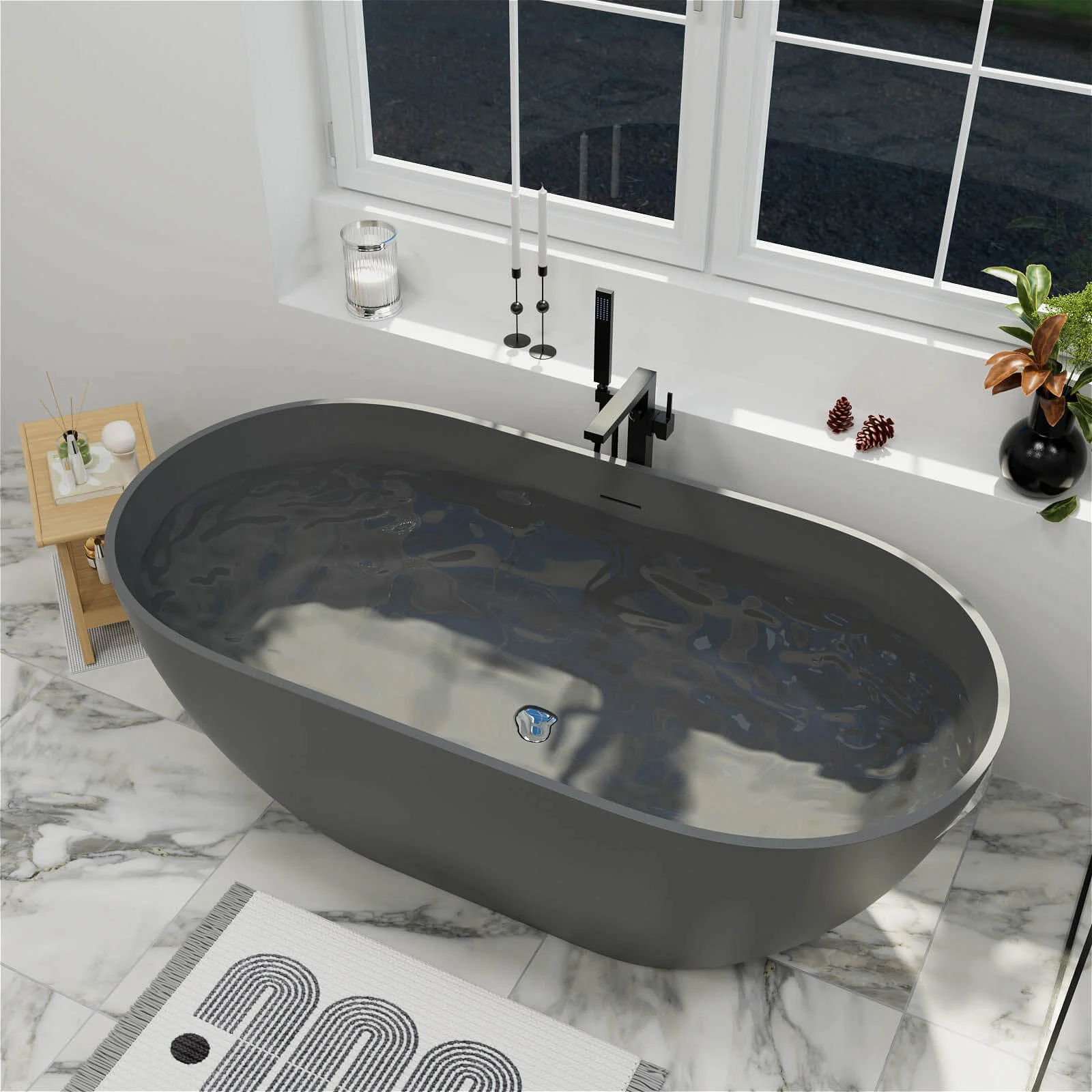 59'' Modern Bathtub Solid Surface Stone Resin Oval-shaped Freestanding Soaking Tub - Image 17