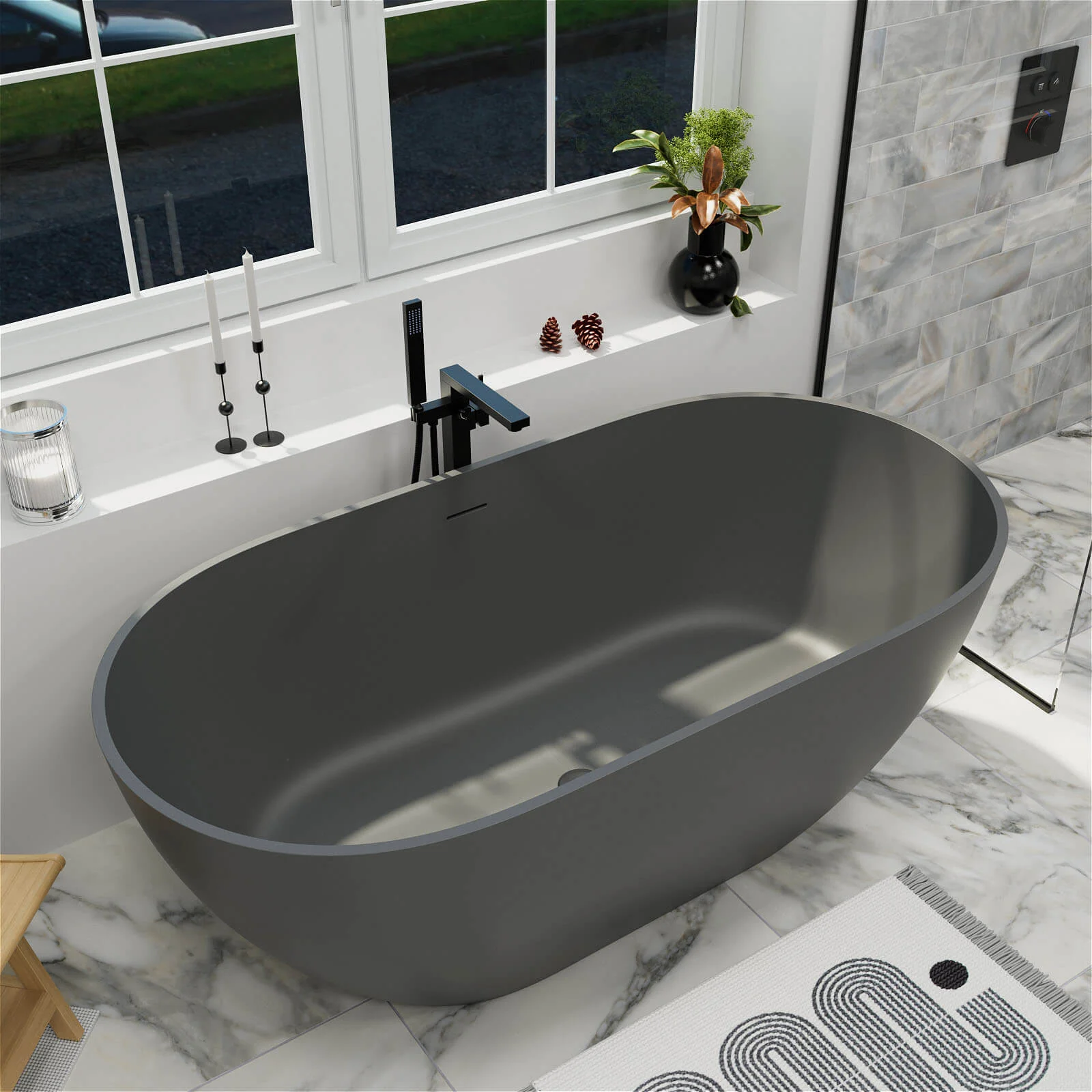 59'' Modern Bathtub Solid Surface Stone Resin Oval-shaped Freestanding Soaking Tub - Image 18