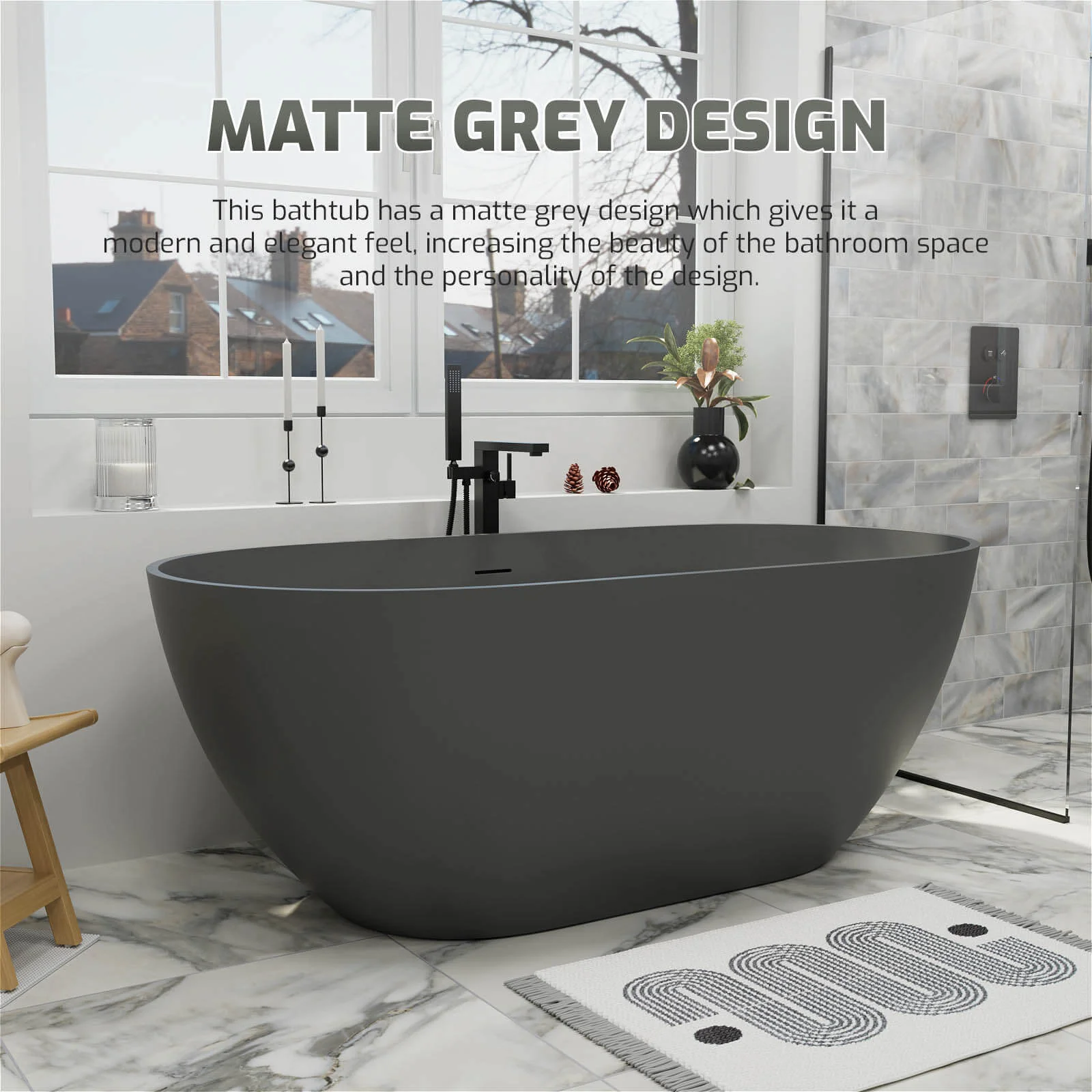 59'' Modern Bathtub Solid Surface Stone Resin Oval-shaped Freestanding Soaking Tub - Image 19