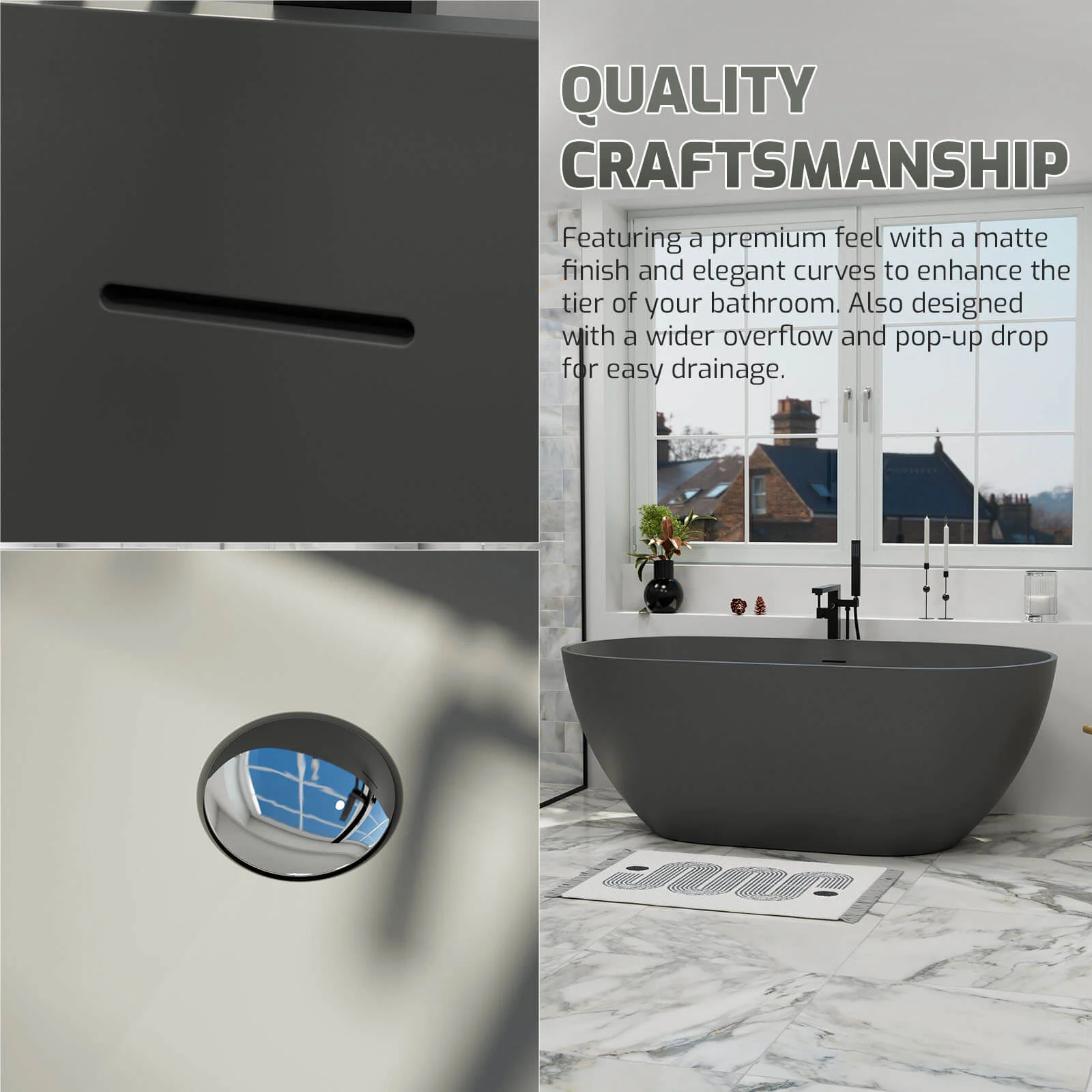 59'' Modern Bathtub Solid Surface Stone Resin Oval-shaped Freestanding Soaking Tub - Image 20