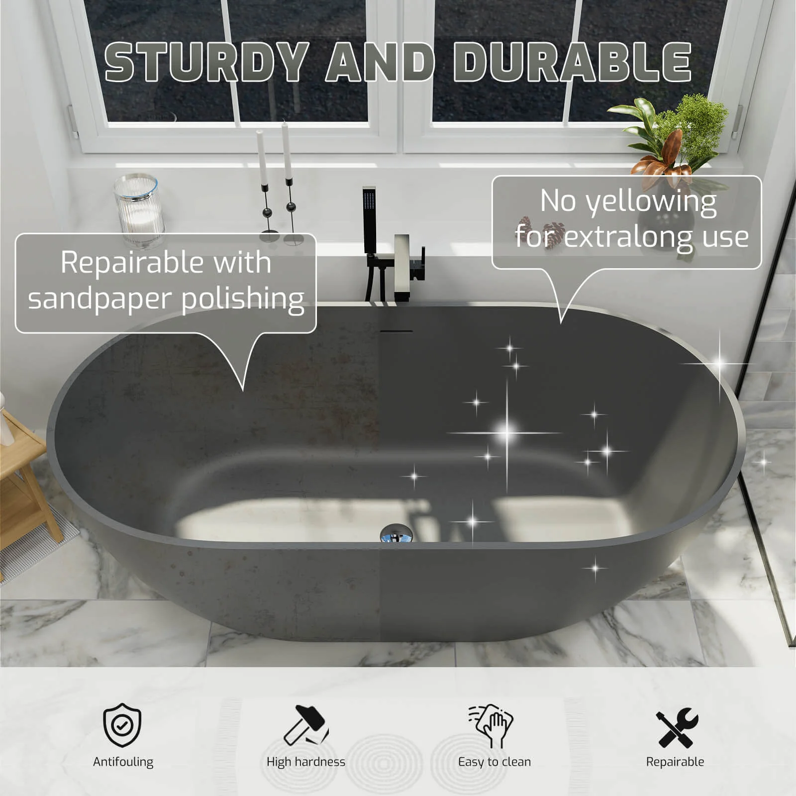 59'' Modern Bathtub Solid Surface Stone Resin Oval-shaped Freestanding Soaking Tub - Image 22