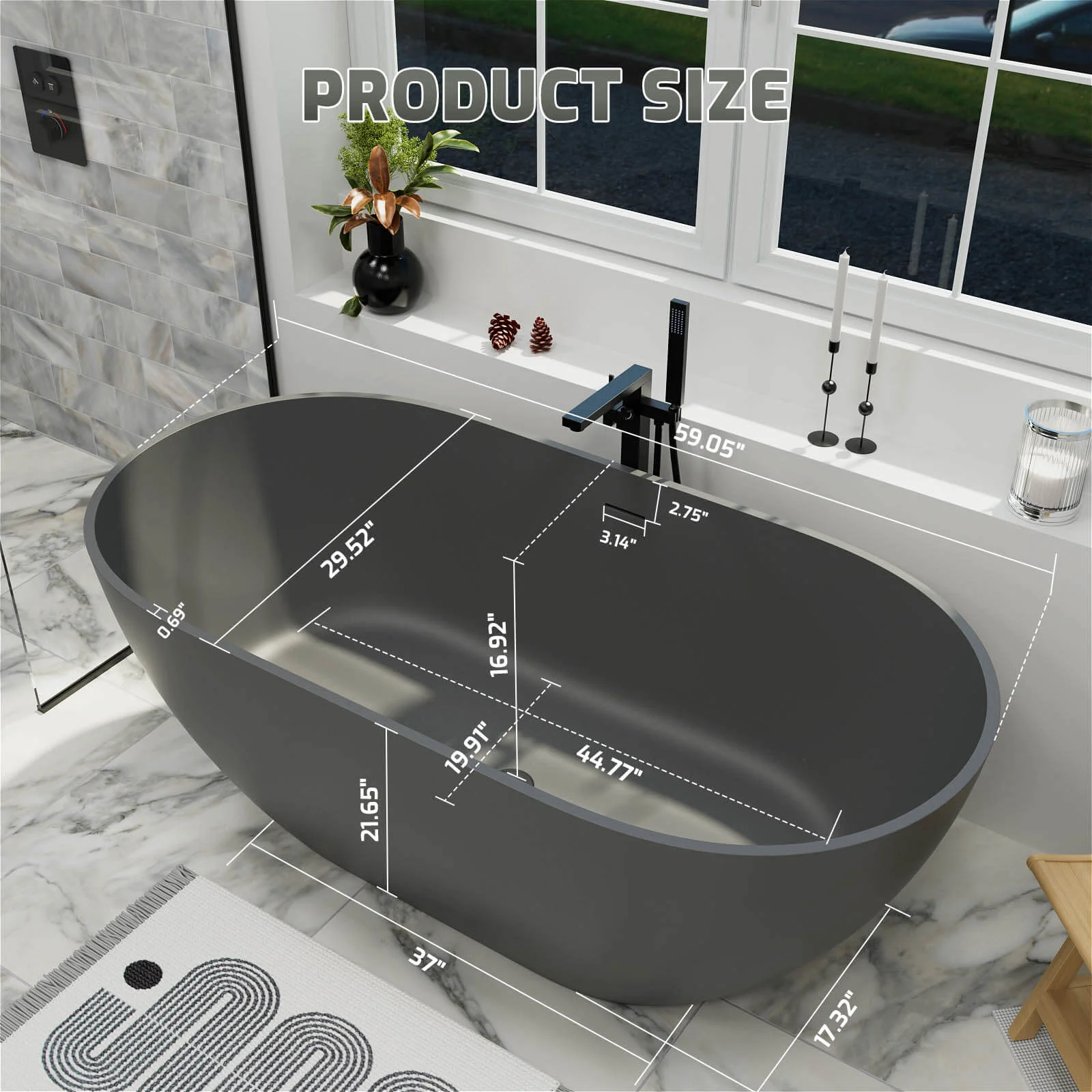 59'' Modern Bathtub Solid Surface Stone Resin Oval-shaped Freestanding Soaking Tub - Image 23