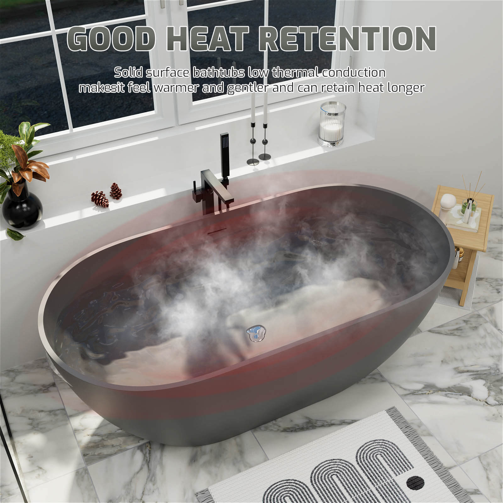 59'' Modern Bathtub Solid Surface Stone Resin Oval-shaped Freestanding Soaking Tub - Image 24