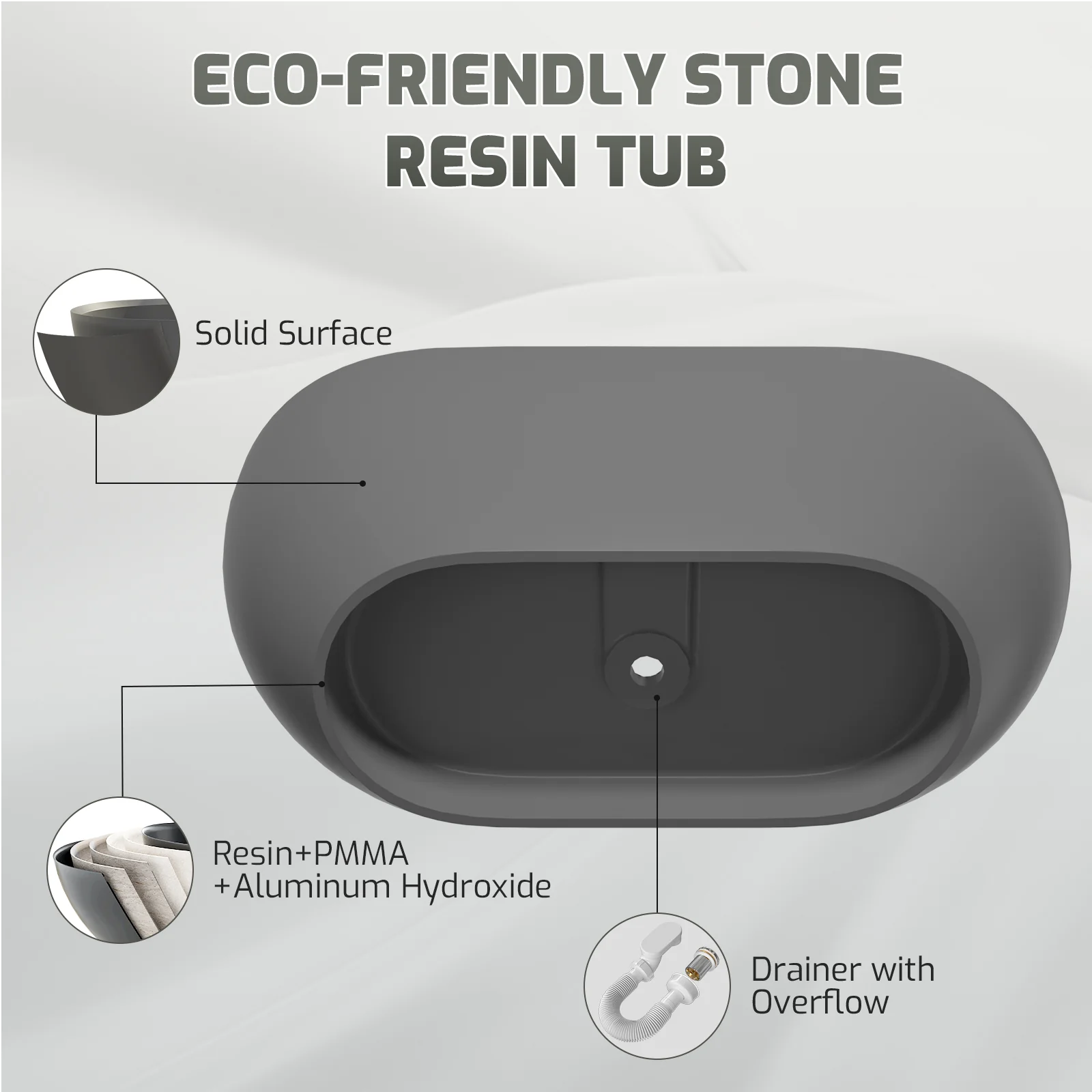59'' Modern Bathtub Solid Surface Stone Resin Oval-shaped Freestanding Soaking Tub - Image 25