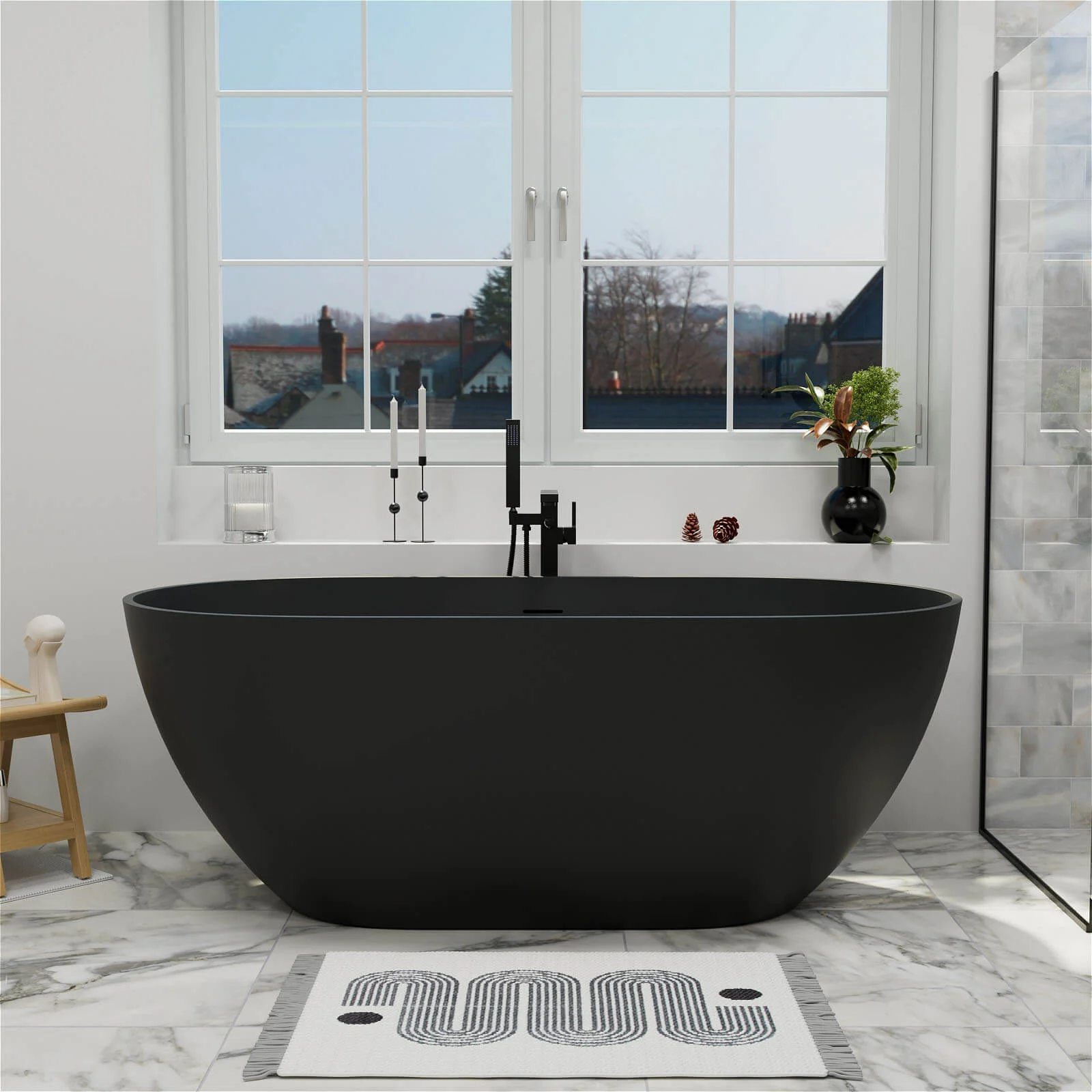 59'' Modern Bathtub Solid Surface Stone Resin Oval-shaped Freestanding Soaking Tub - Image 26