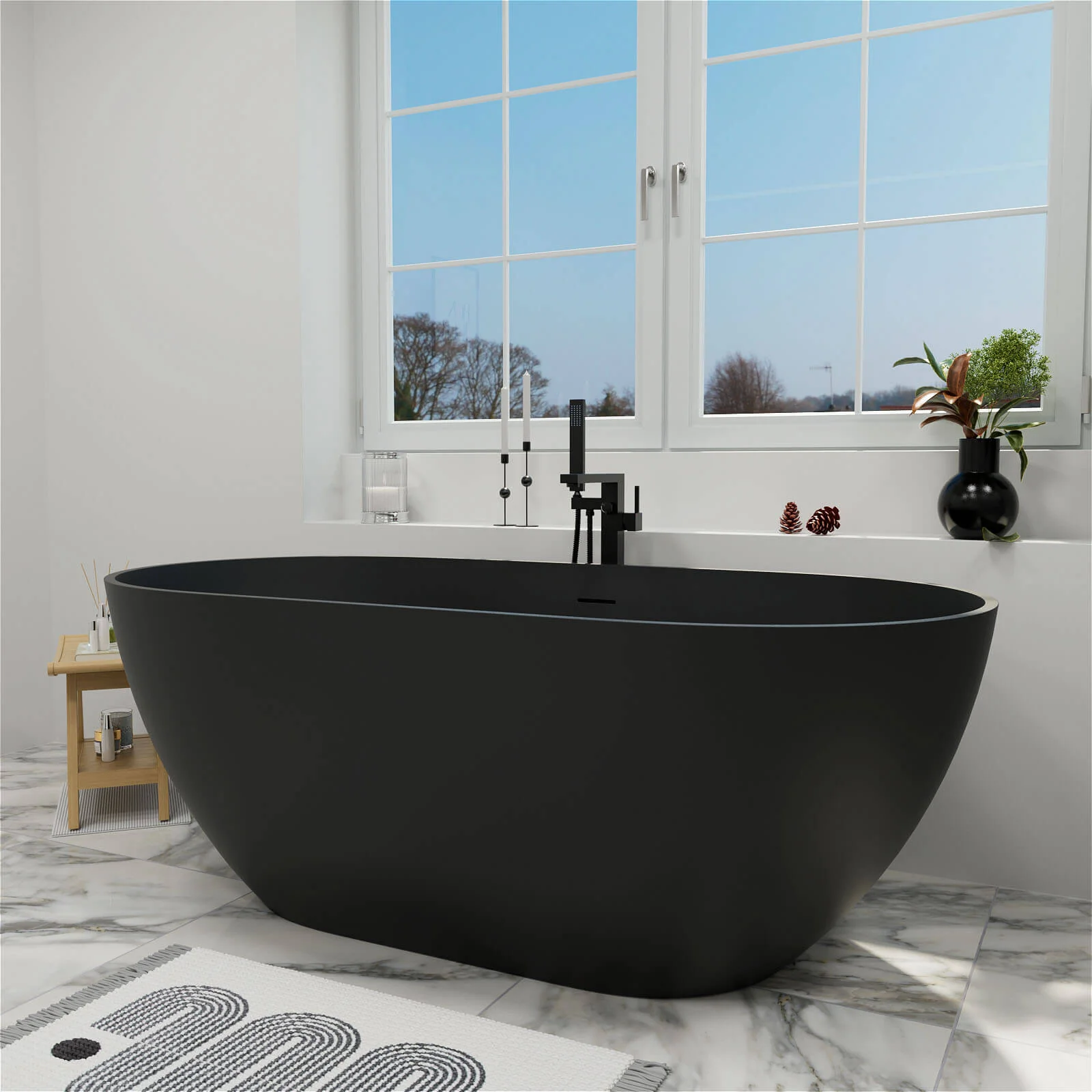 59'' Modern Bathtub Solid Surface Stone Resin Oval-shaped Freestanding Soaking Tub - Image 27