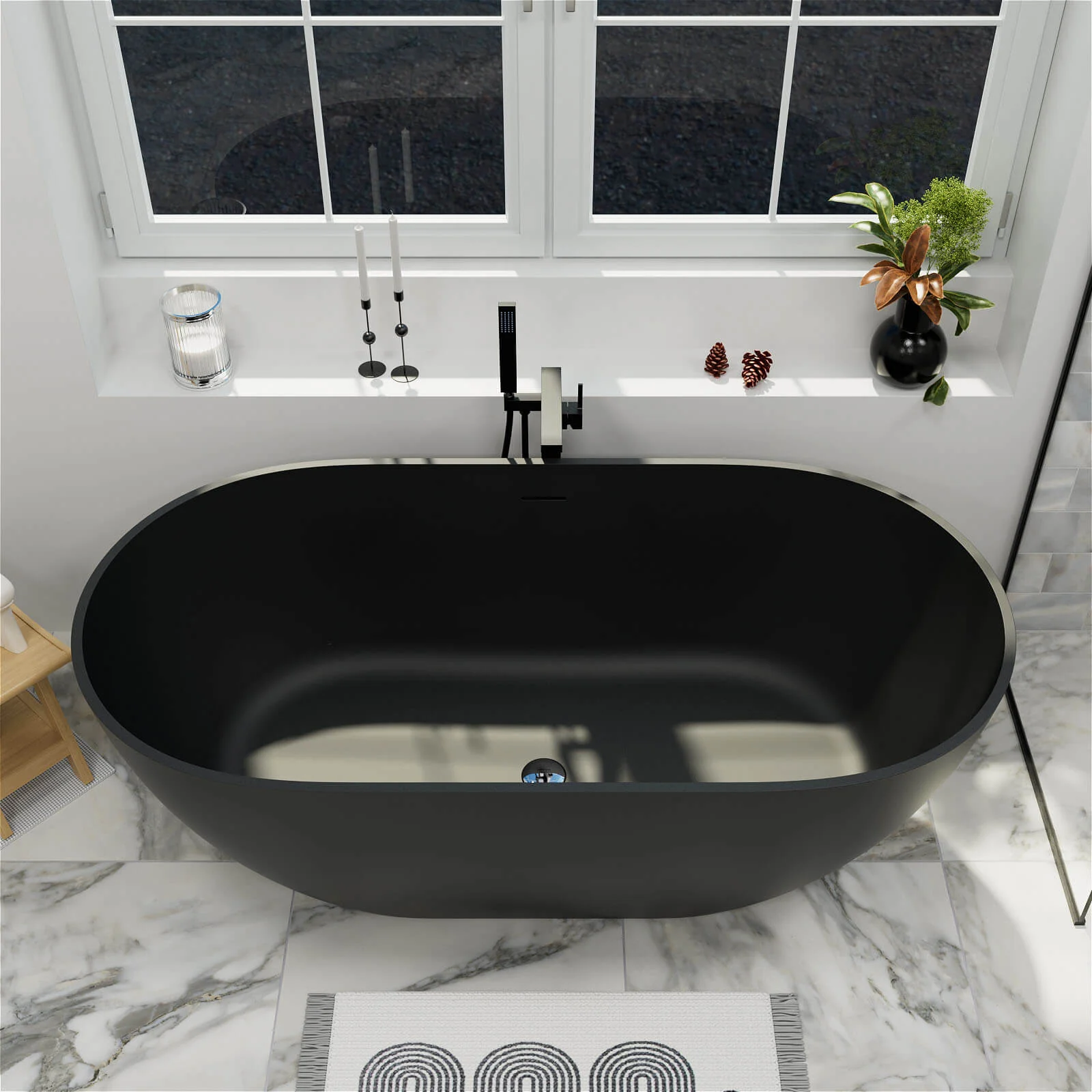 59'' Modern Bathtub Solid Surface Stone Resin Oval-shaped Freestanding Soaking Tub - Image 28