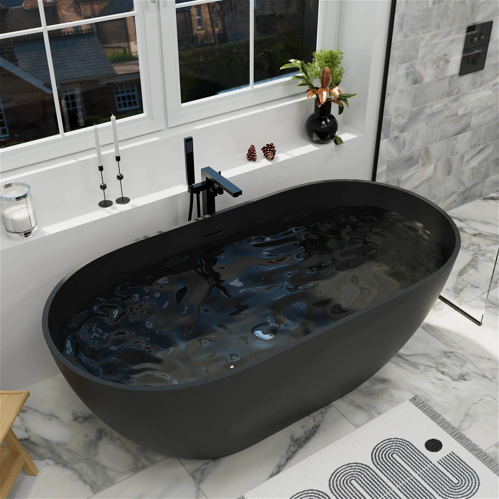 59'' Modern Bathtub Solid Surface Stone Resin Oval-shaped Freestanding Soaking Tub - Image 29