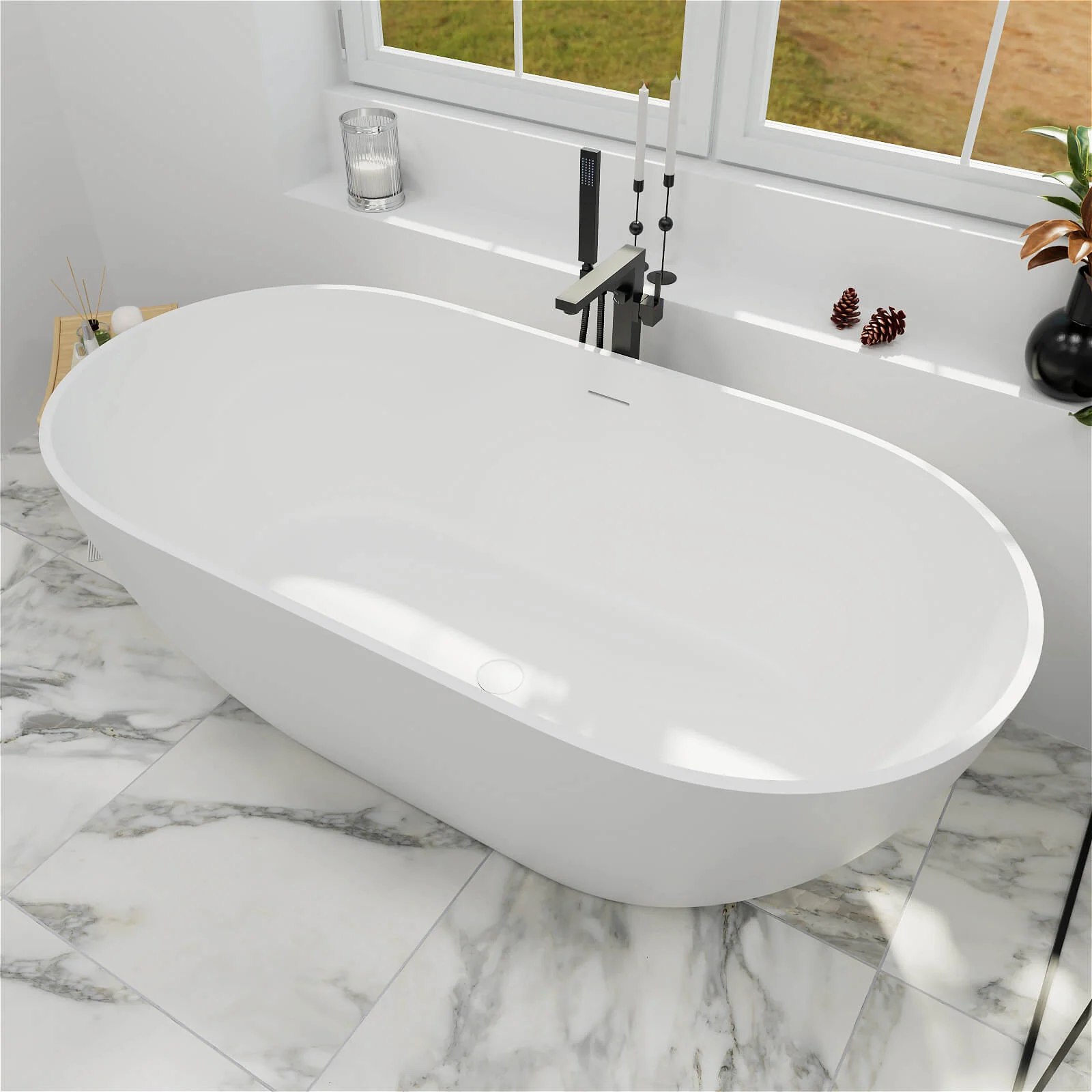 59'' Modern Bathtub Solid Surface Stone Resin Oval-shaped Freestanding Soaking Tub - Image 3