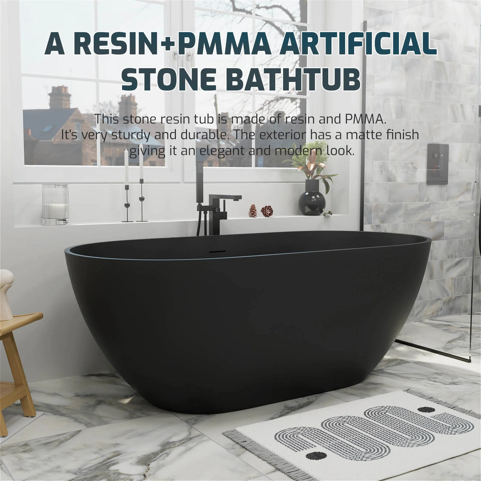 59'' Modern Bathtub Solid Surface Stone Resin Oval-shaped Freestanding Soaking Tub - Image 31