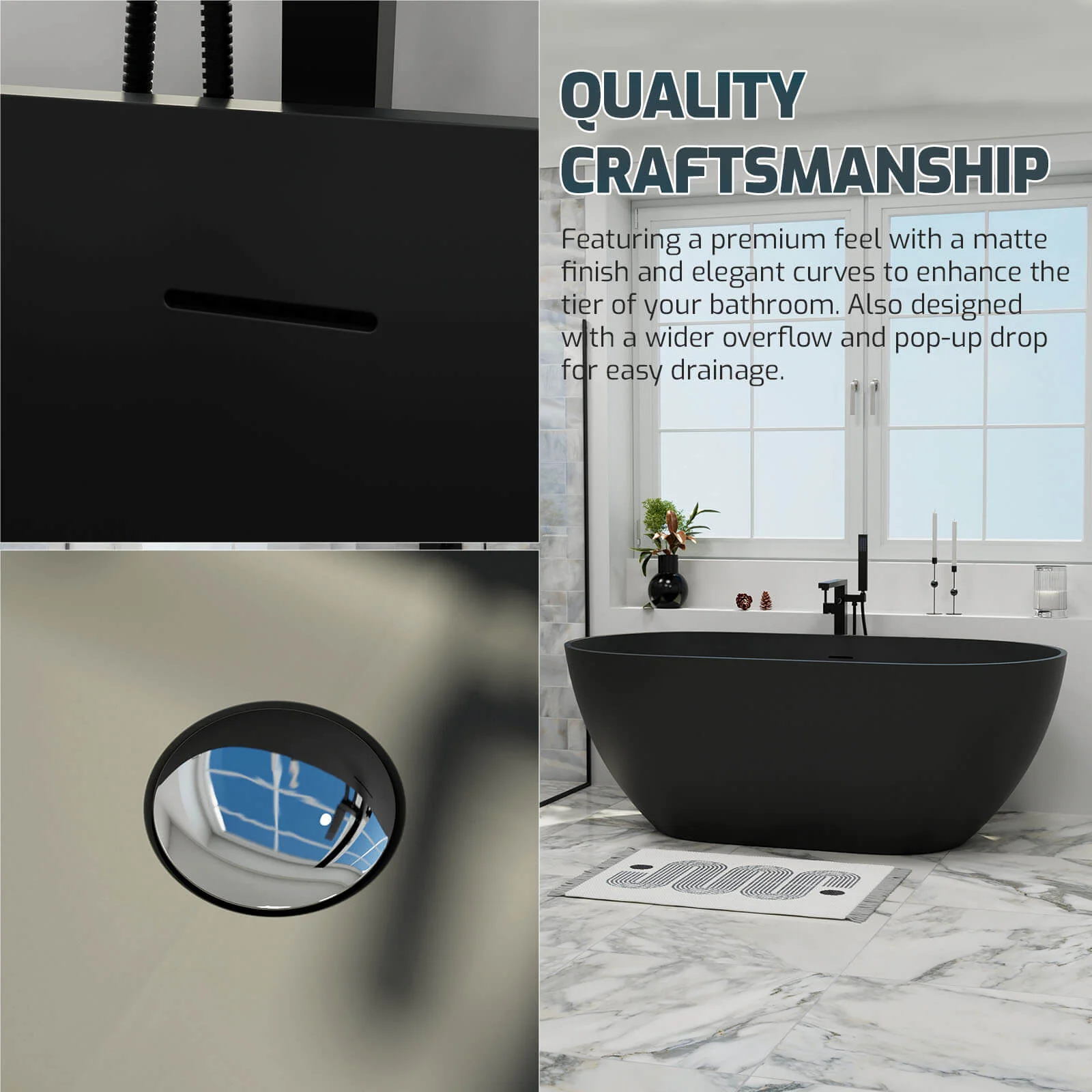 59'' Modern Bathtub Solid Surface Stone Resin Oval-shaped Freestanding Soaking Tub - Image 32