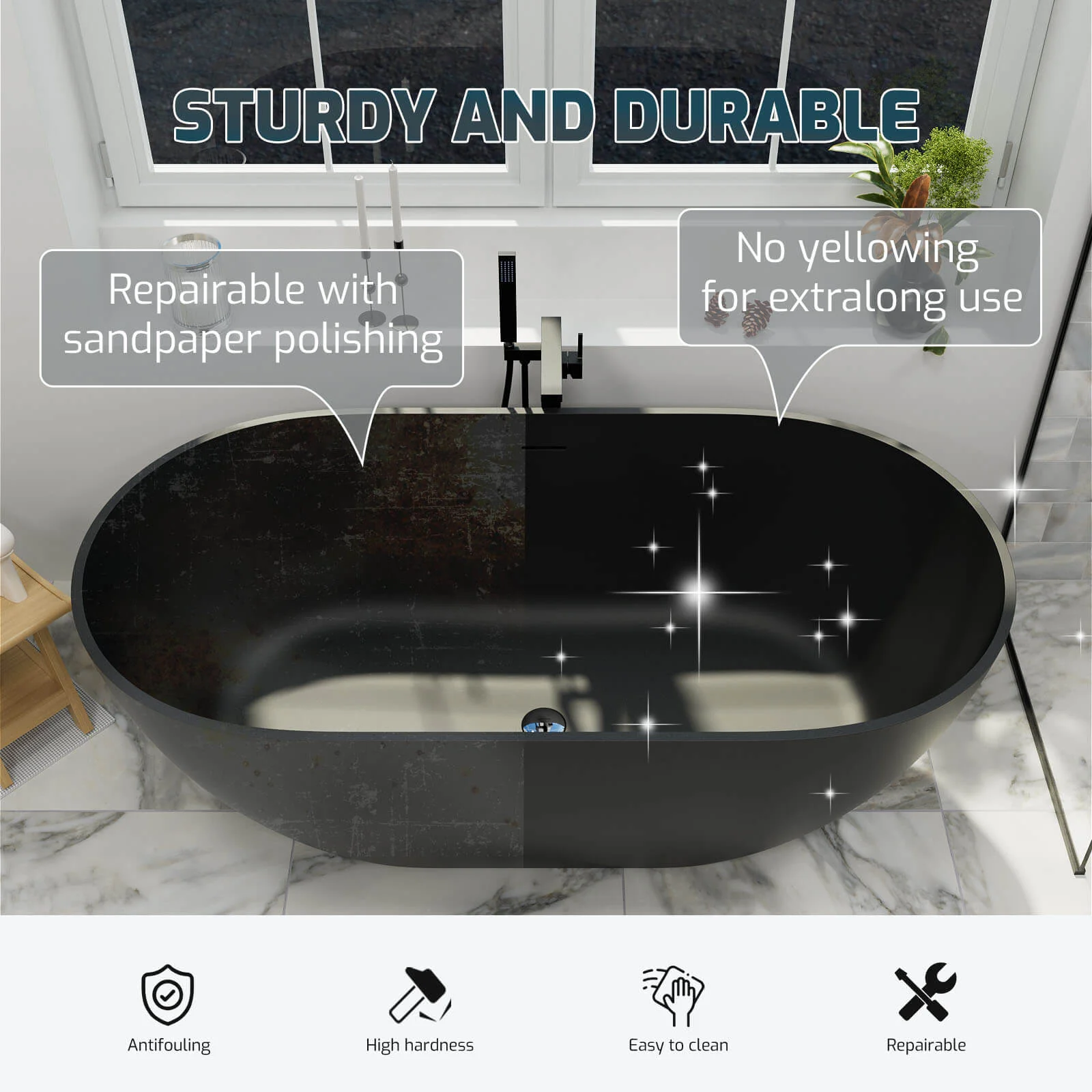 59'' Modern Bathtub Solid Surface Stone Resin Oval-shaped Freestanding Soaking Tub - Image 34