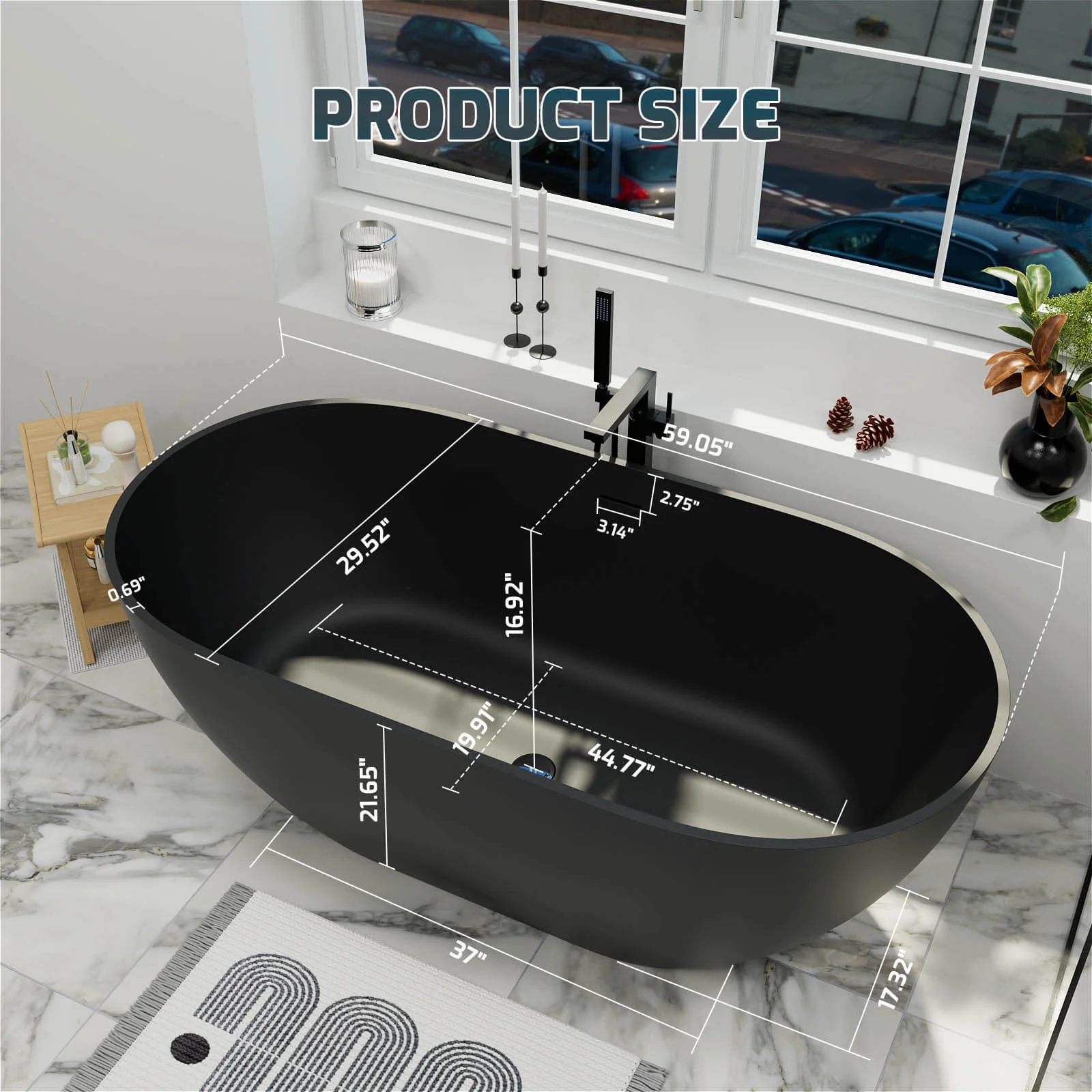 59'' Modern Bathtub Solid Surface Stone Resin Oval-shaped Freestanding Soaking Tub - Image 35