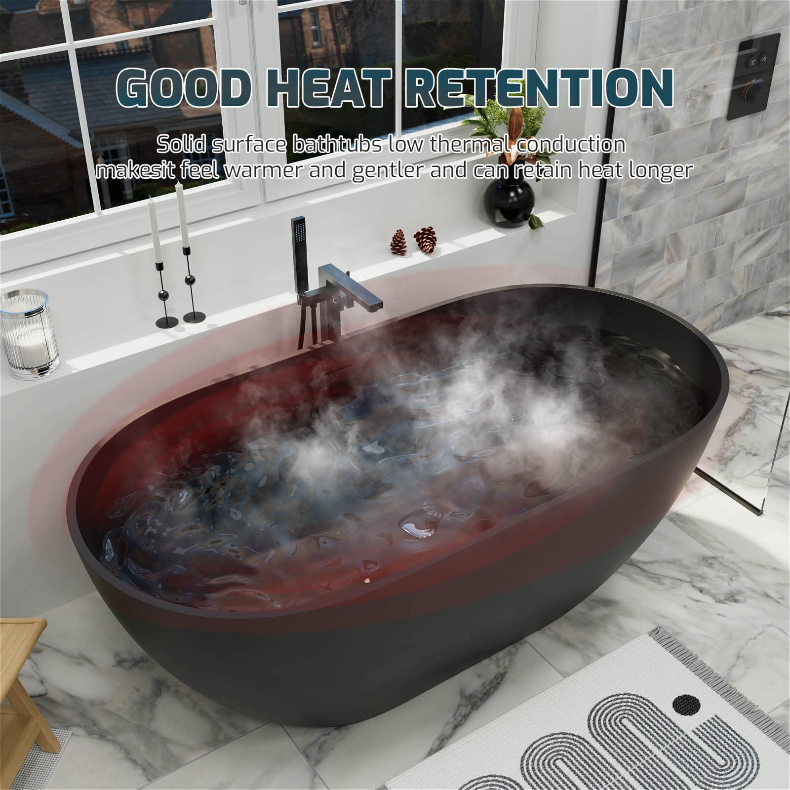 59'' Modern Bathtub Solid Surface Stone Resin Oval-shaped Freestanding Soaking Tub - Image 36