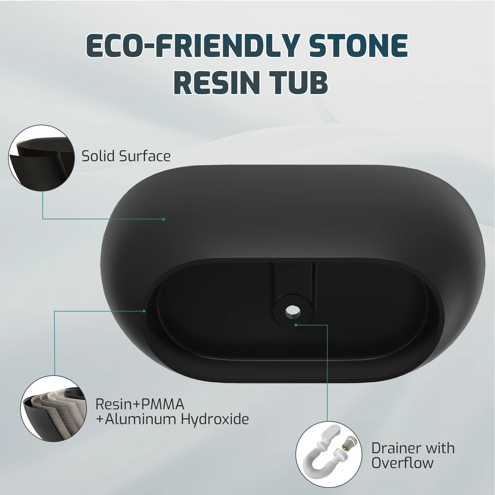 59'' Modern Bathtub Solid Surface Stone Resin Oval-shaped Freestanding Soaking Tub - Image 37