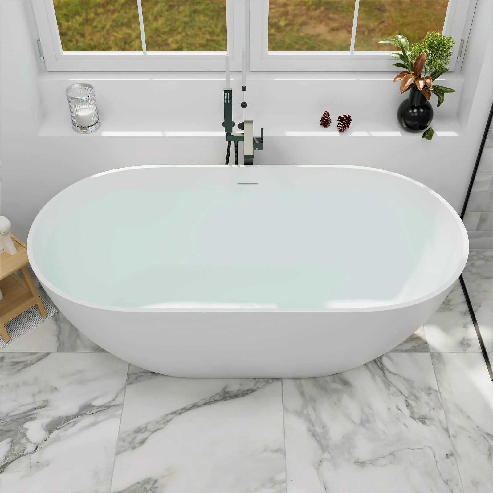 59'' Modern Bathtub Solid Surface Stone Resin Oval-shaped Freestanding Soaking Tub - Image 4