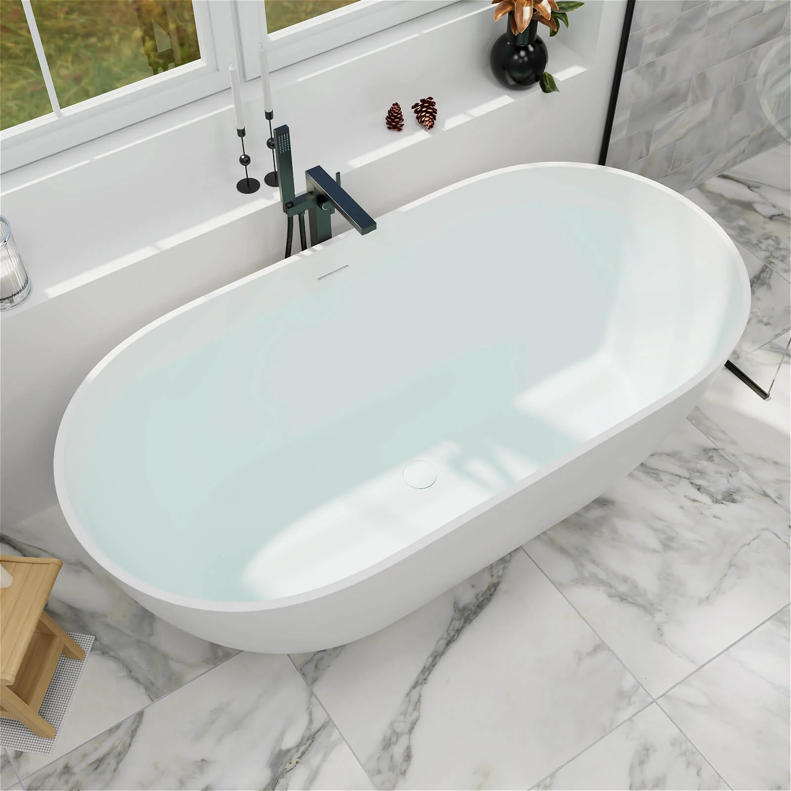 59'' Modern Bathtub Solid Surface Stone Resin Oval-shaped Freestanding Soaking Tub - Image 5