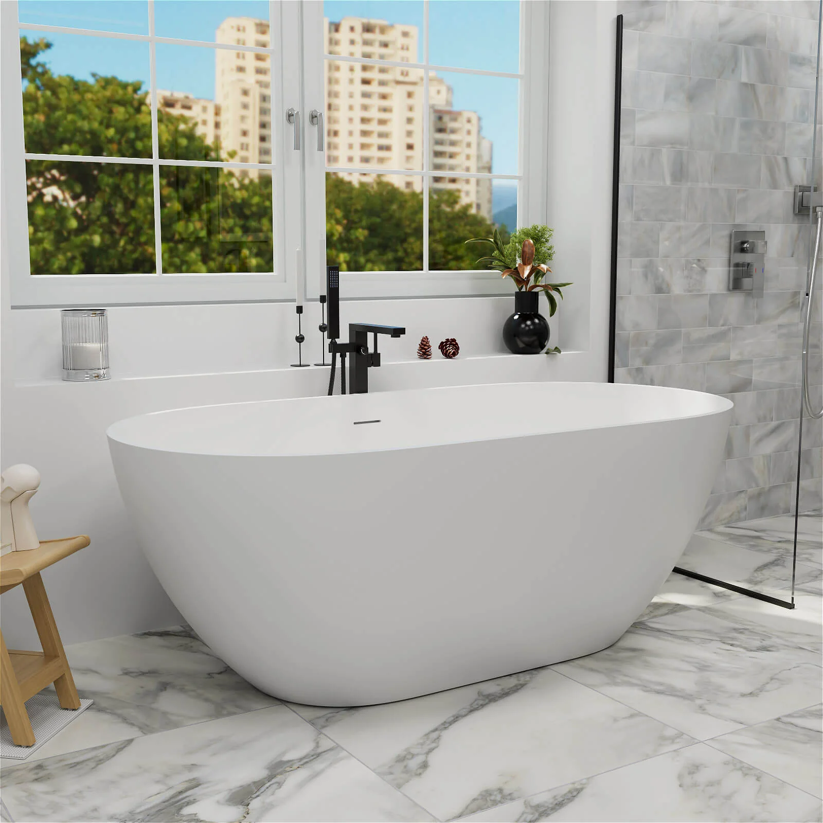 59'' Modern Bathtub Solid Surface Stone Resin Oval-shaped Freestanding Soaking Tub - Image 6