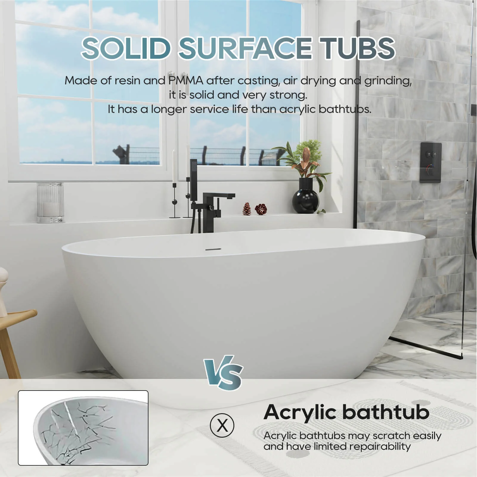 59'' Modern Bathtub Solid Surface Stone Resin Oval-shaped Freestanding Soaking Tub - Image 8