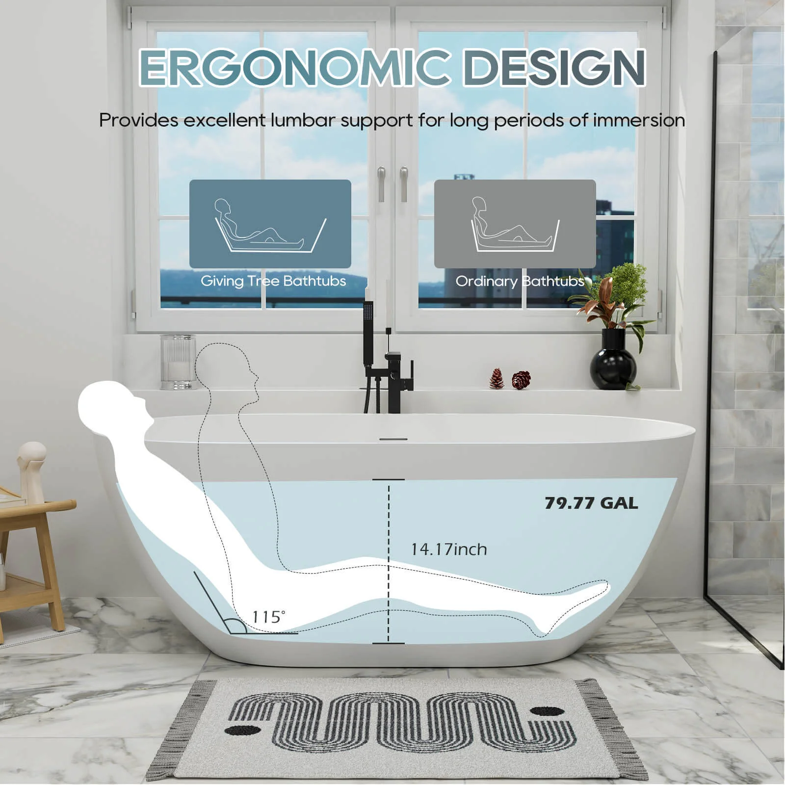 59'' Modern Bathtub Solid Surface Stone Resin Oval-shaped Freestanding Soaking Tub - Image 9