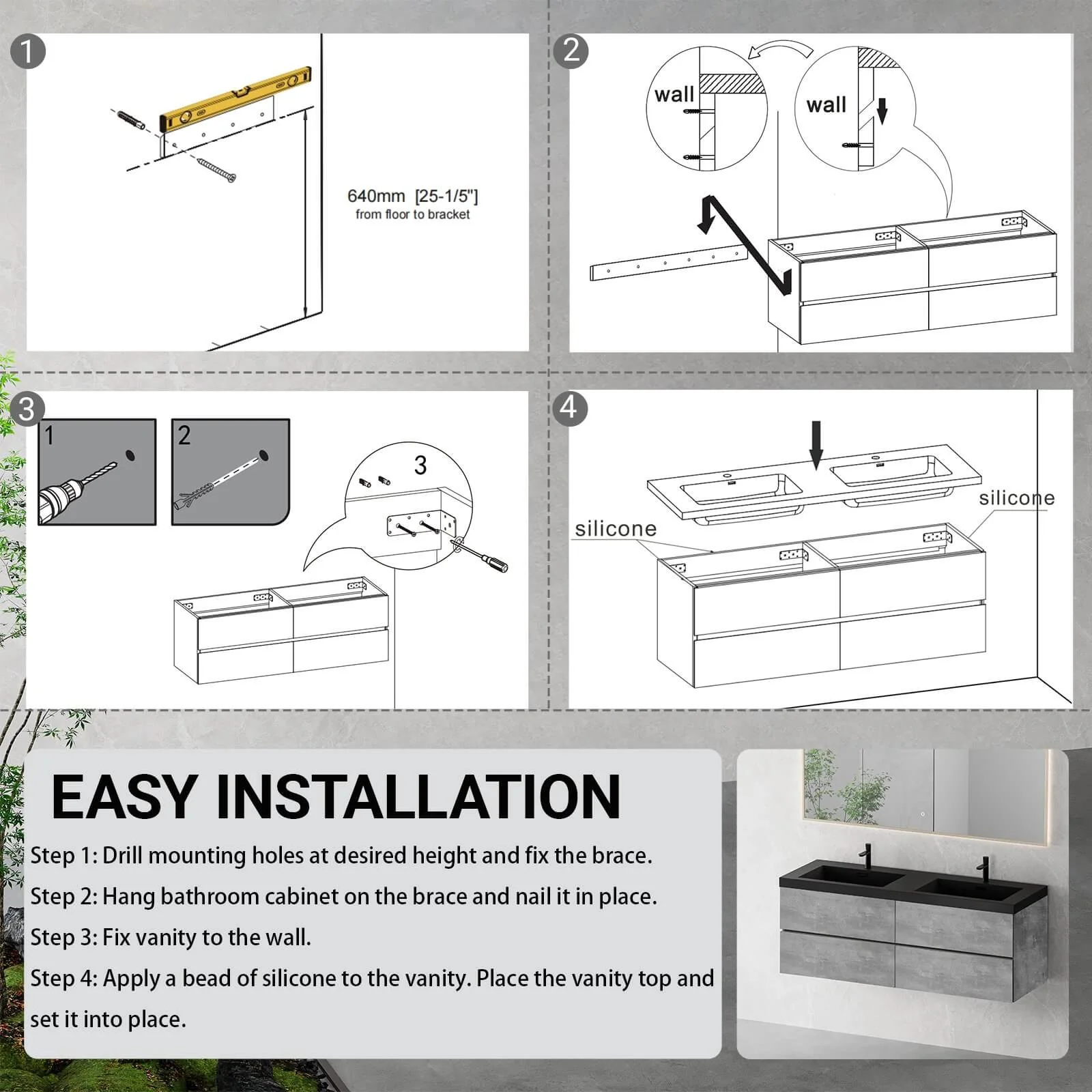 60" Ash Gray Wall-Mounted Bathroom Vanity with Black Quartz Sand Top Basin - Image 10