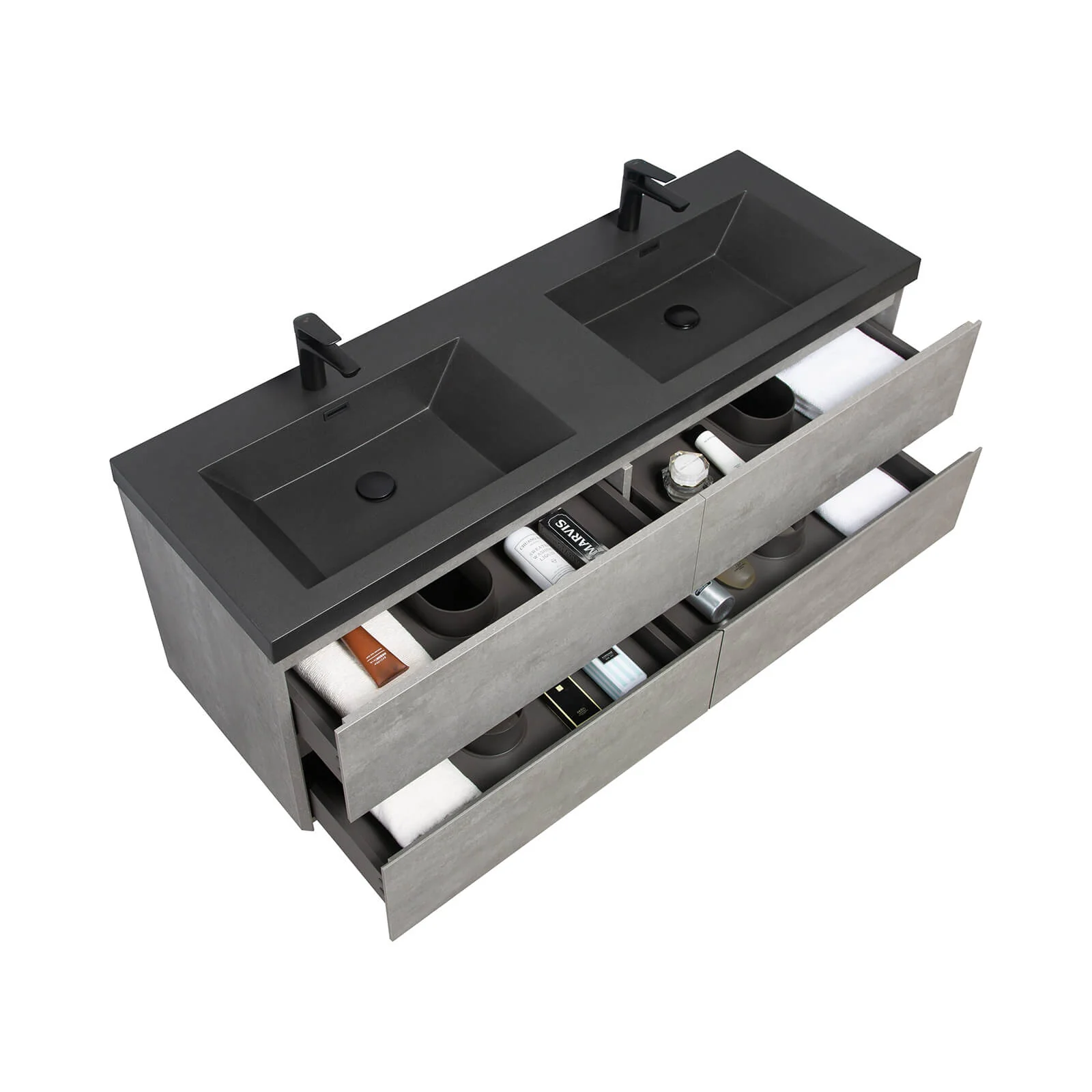 60" Ash Gray Wall-Mounted Bathroom Vanity with Black Quartz Sand Top Basin - Image 13