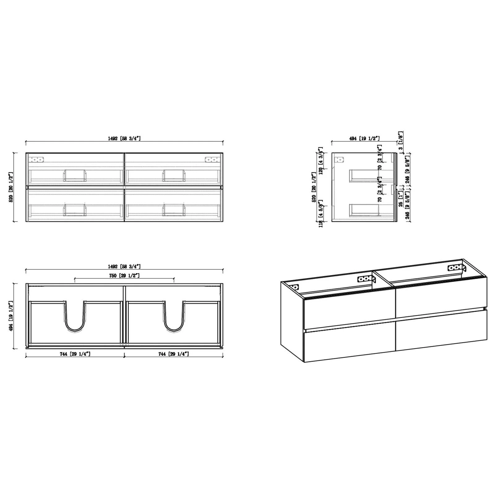60" Ash Gray Wall-Mounted Bathroom Vanity with Black Quartz Sand Top Basin - Image 14