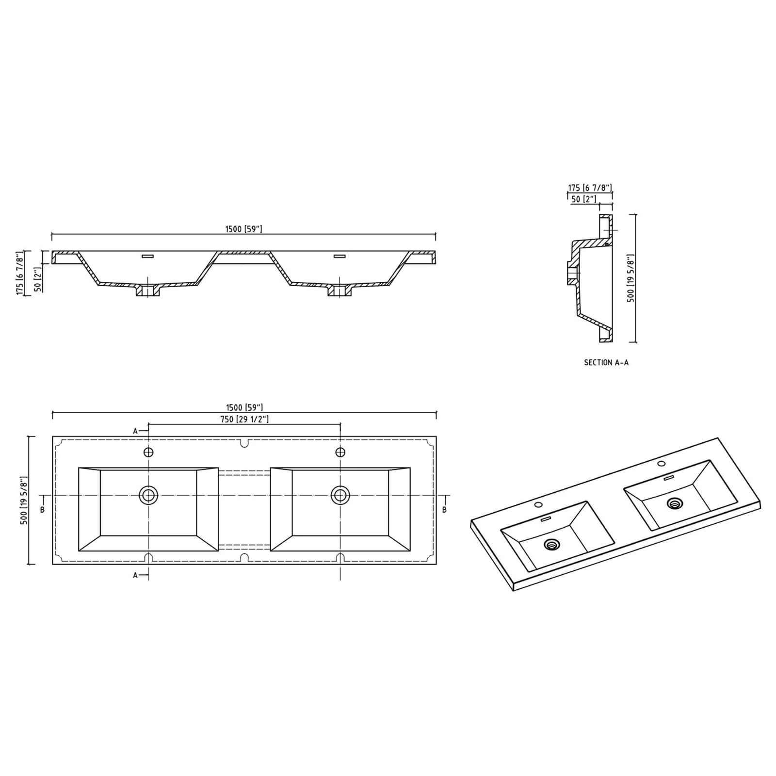 60" Ash Gray Wall-Mounted Bathroom Vanity with Black Quartz Sand Top Basin - Image 15