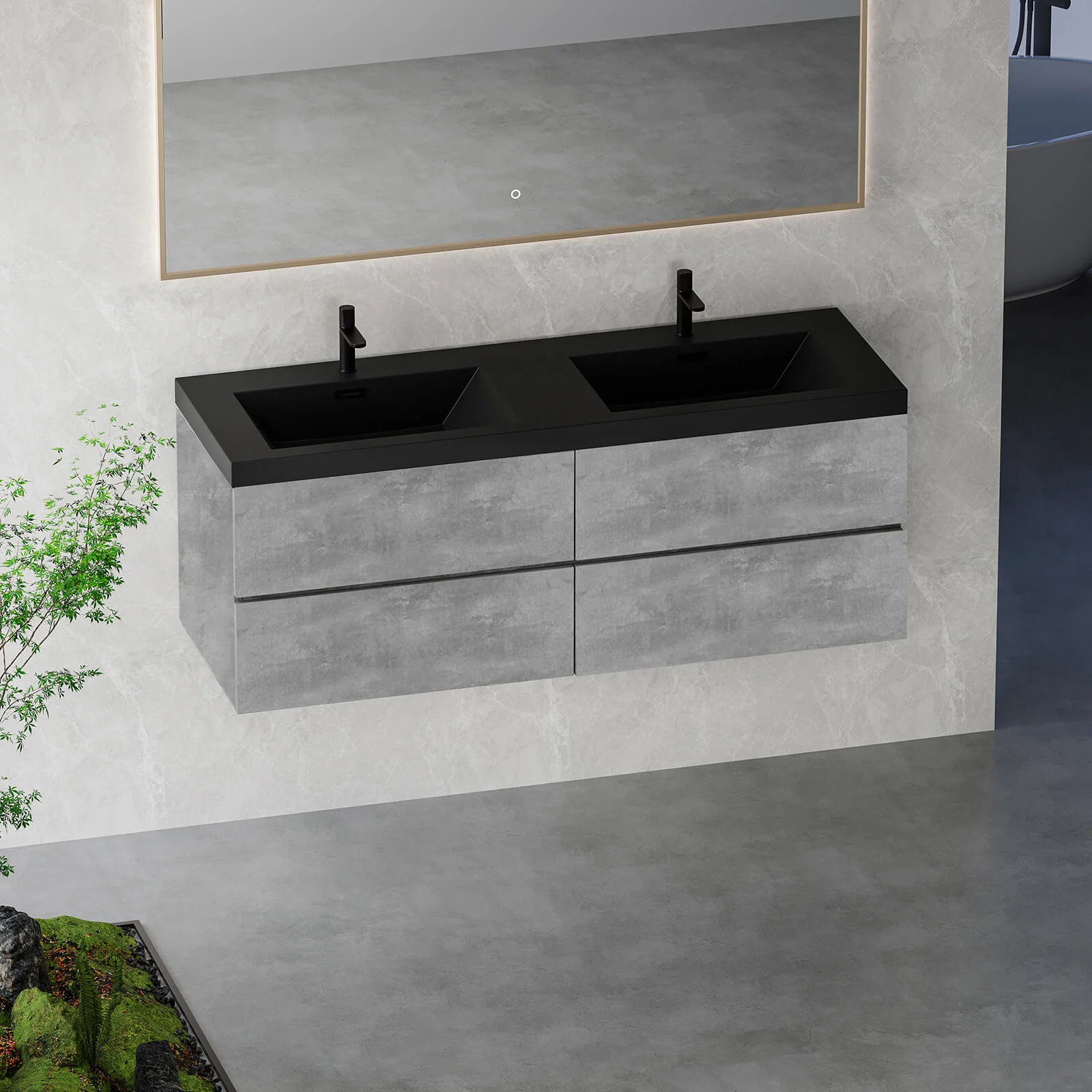 60" Ash Gray Wall-Mounted Bathroom Vanity with Black Quartz Sand Top Basin - Image 3