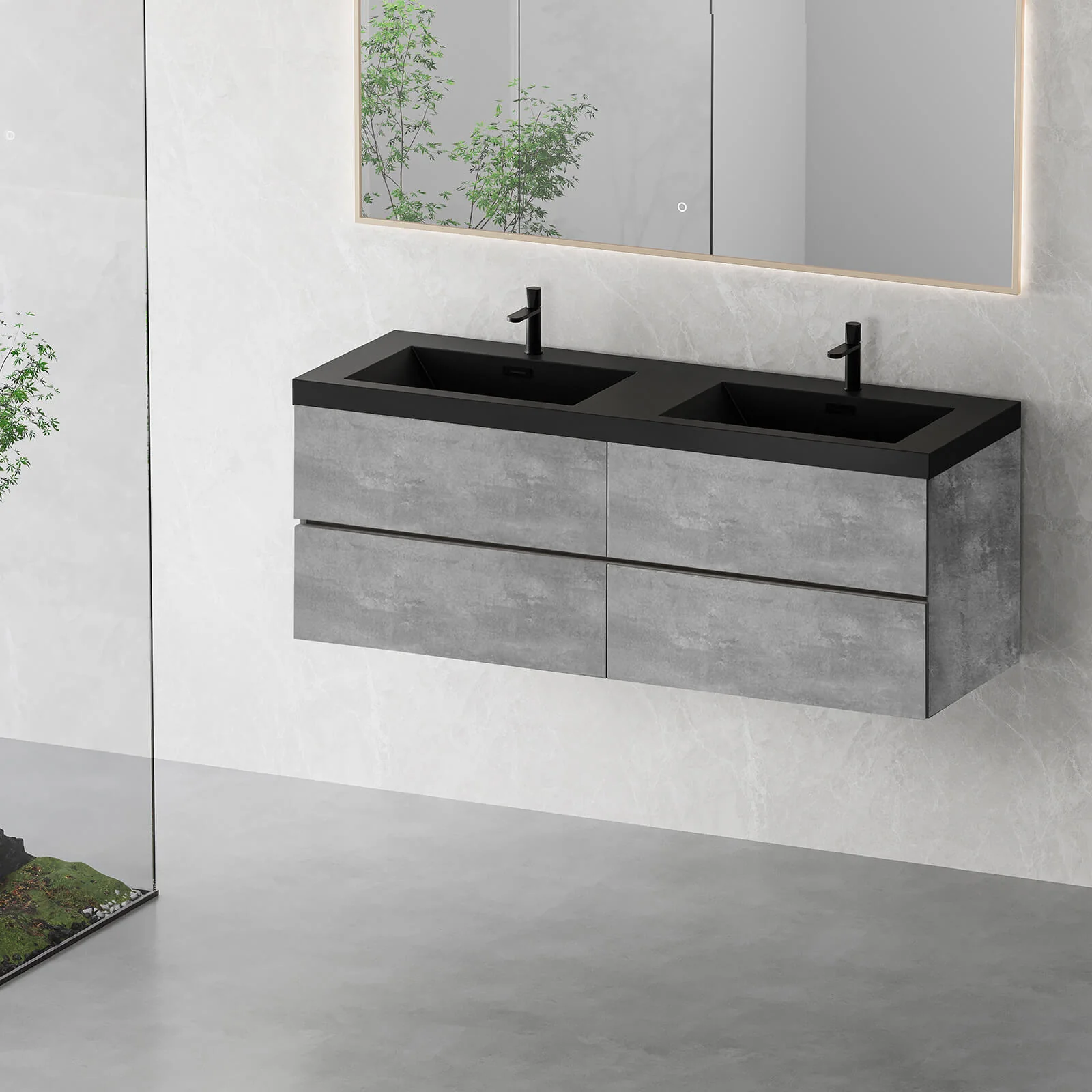 60" Ash Gray Wall-Mounted Bathroom Vanity with Black Quartz Sand Top Basin - Image 4