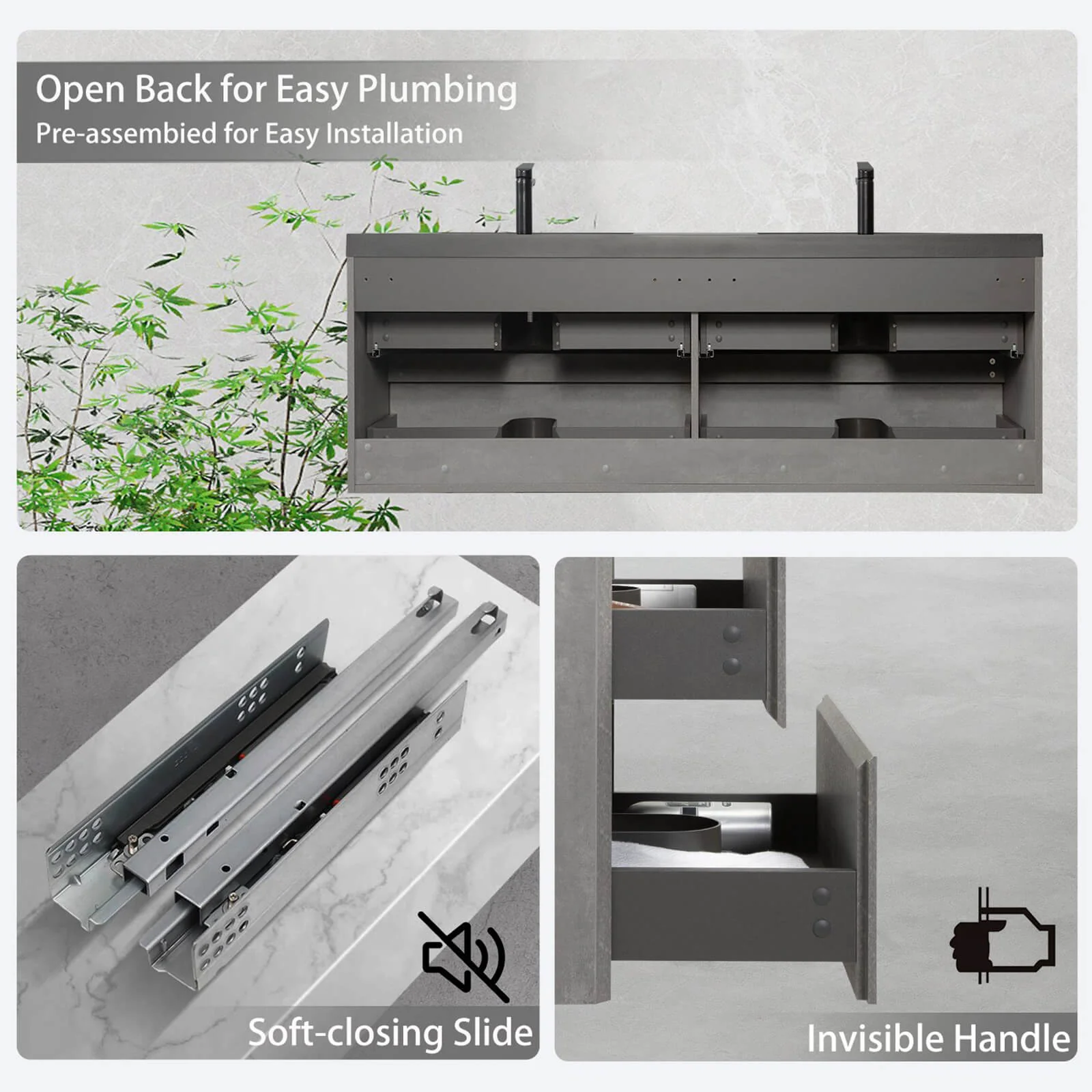 60" Ash Gray Wall-Mounted Bathroom Vanity with Black Quartz Sand Top Basin - Image 6