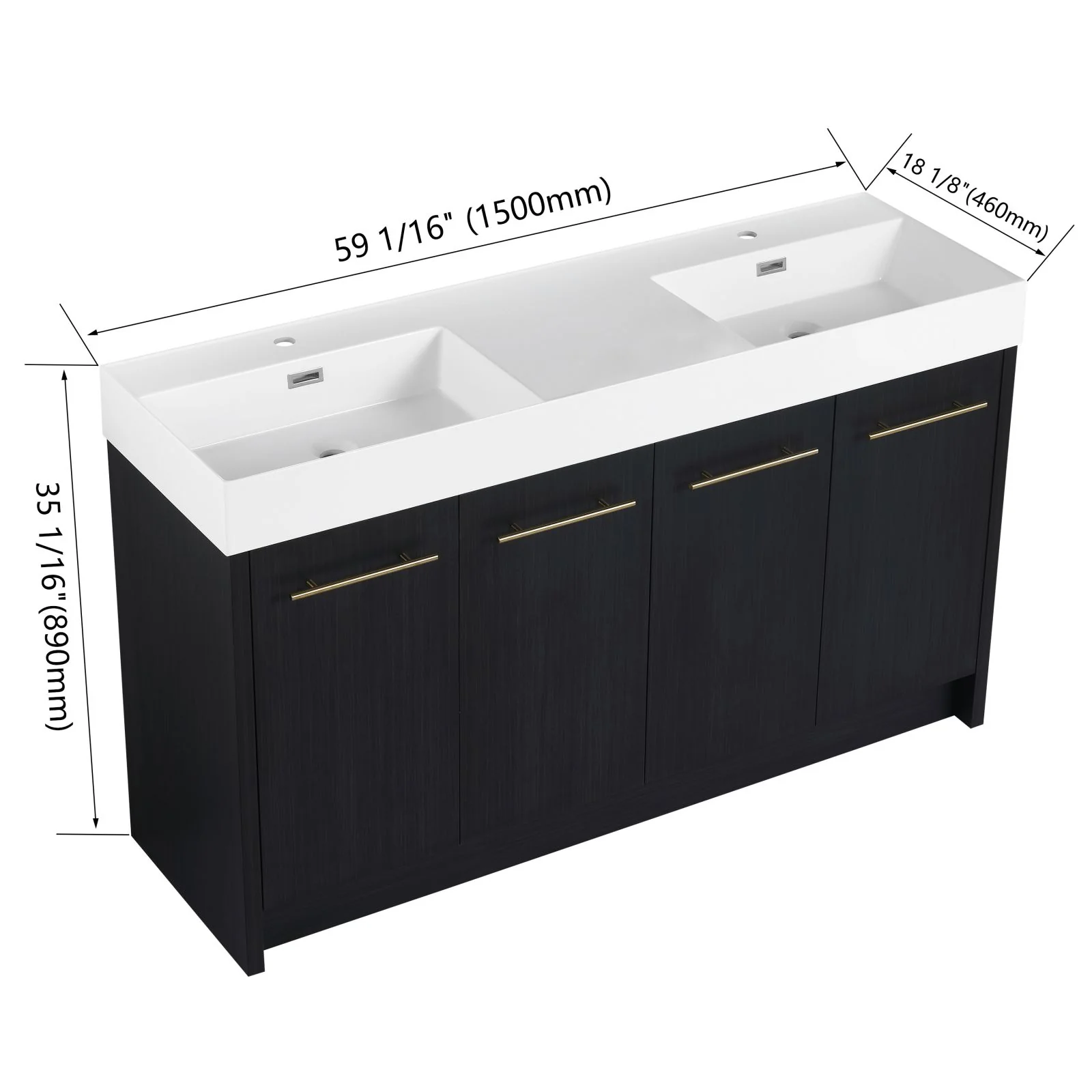 60" Black Chestnut Freestanding Bathroom Vanity with Double Resin Sinks & Soft-Close Doors - Image 3