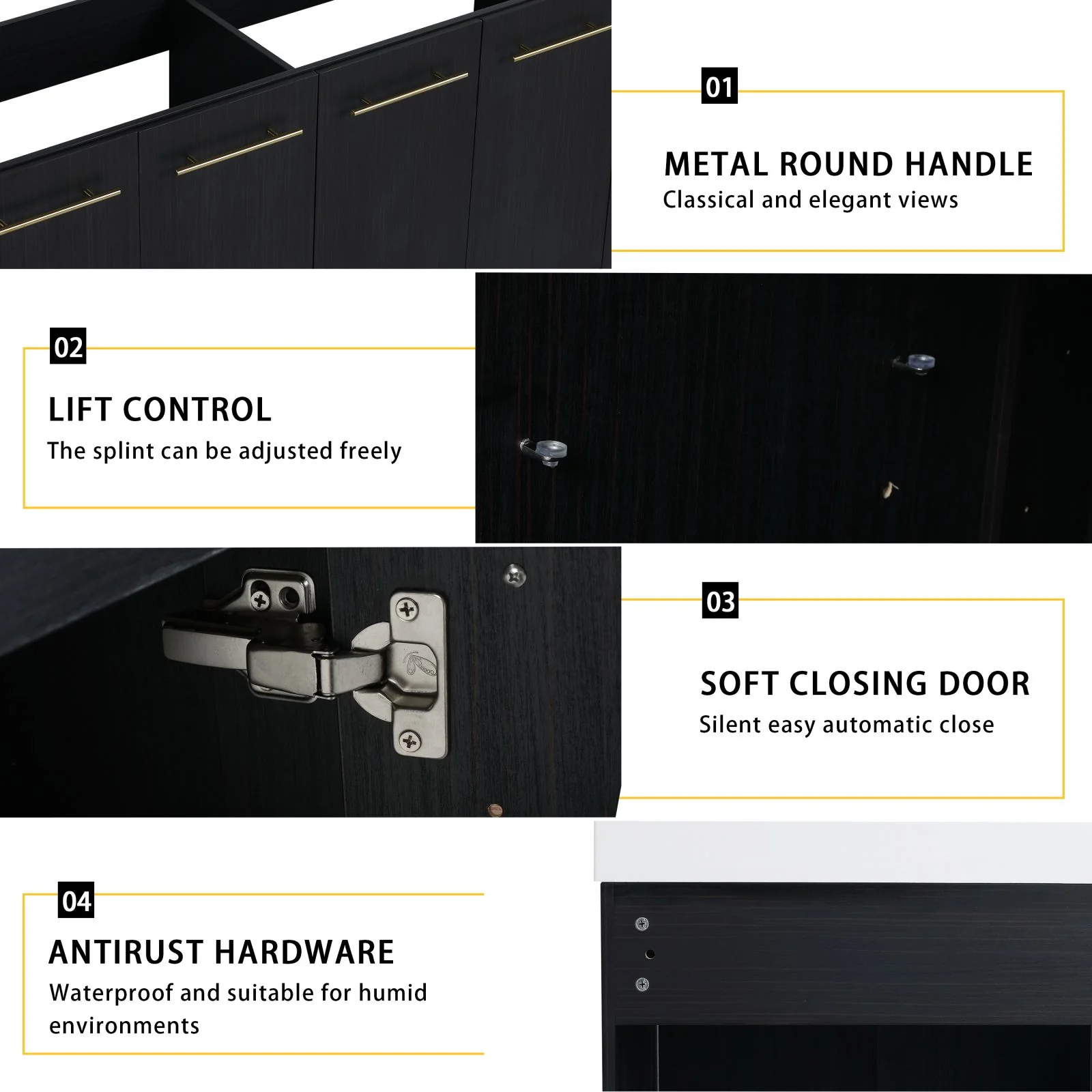 60" Black Chestnut Freestanding Bathroom Vanity with Double Resin Sinks & Soft-Close Doors - Image 6