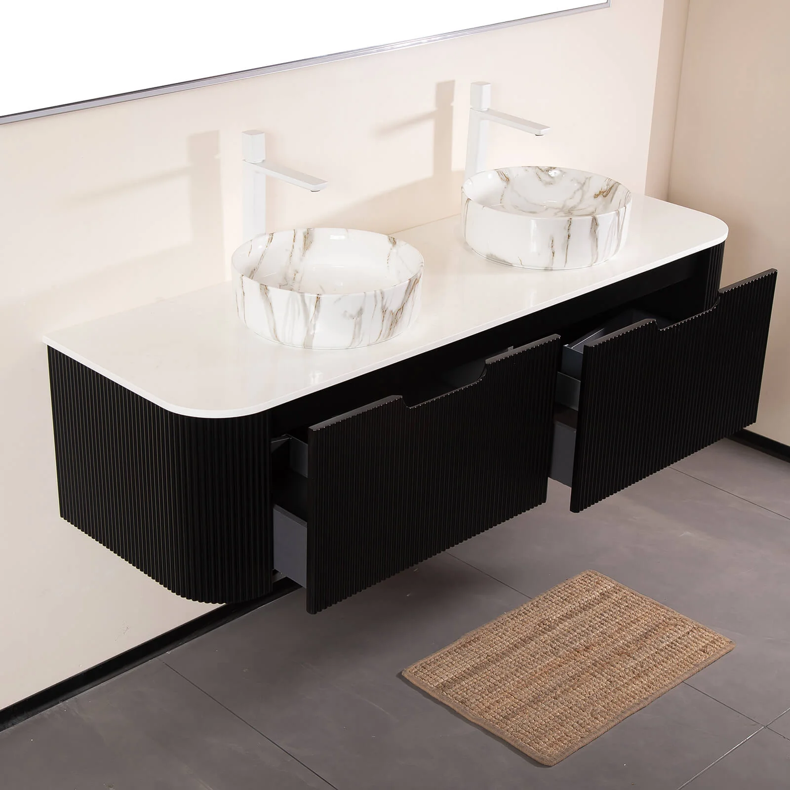 60" Black Double Sink Vanity with Stone-Veined Ceramic Basins - Image 3