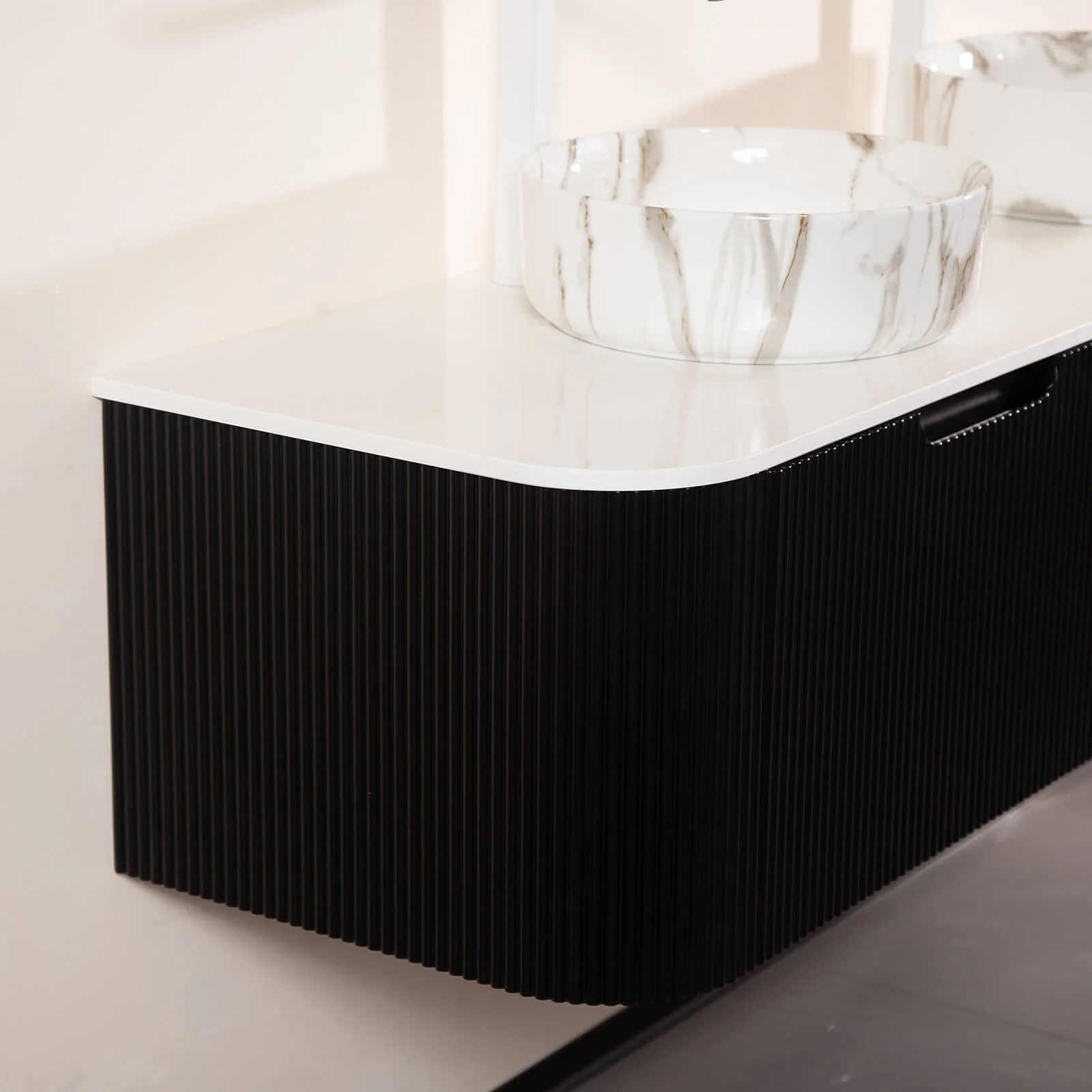 60" Black Double Sink Vanity with Stone-Veined Ceramic Basins - Image 4